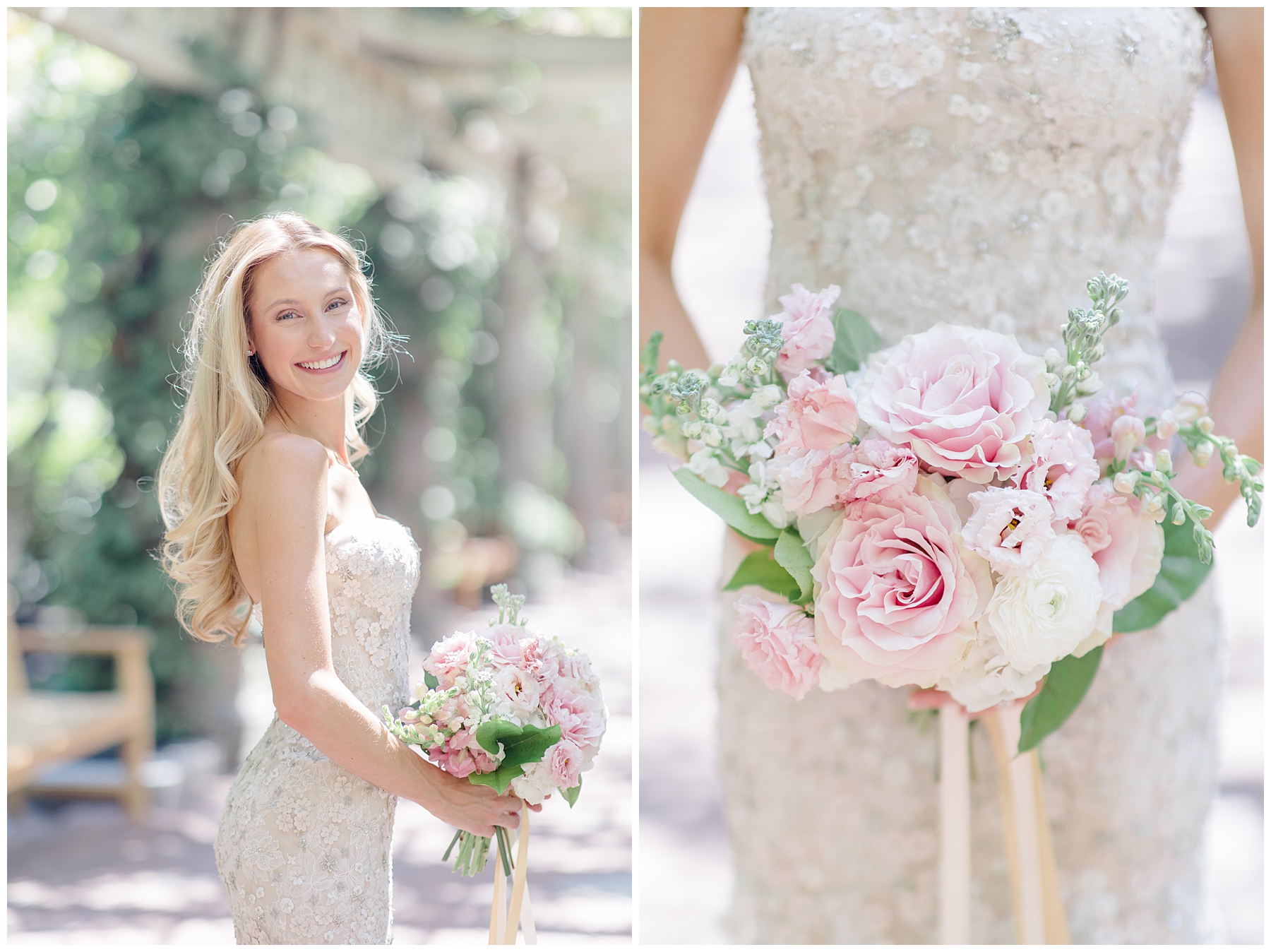 bride in wedding dress holding blush pink and white flower bouquet 