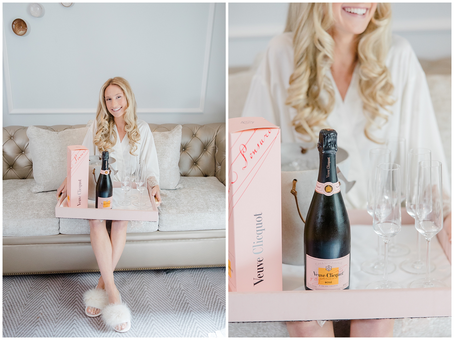 bride with champagne while getting ready 