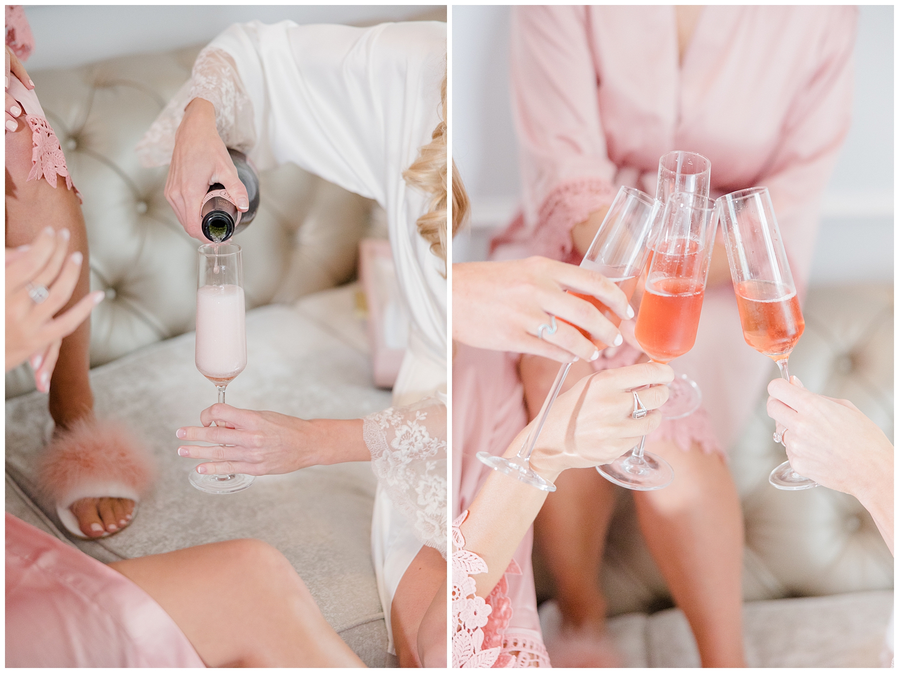 bride and bridesmaids toast a glass of pink champagne before Romantic Boston Wedding at The Langham