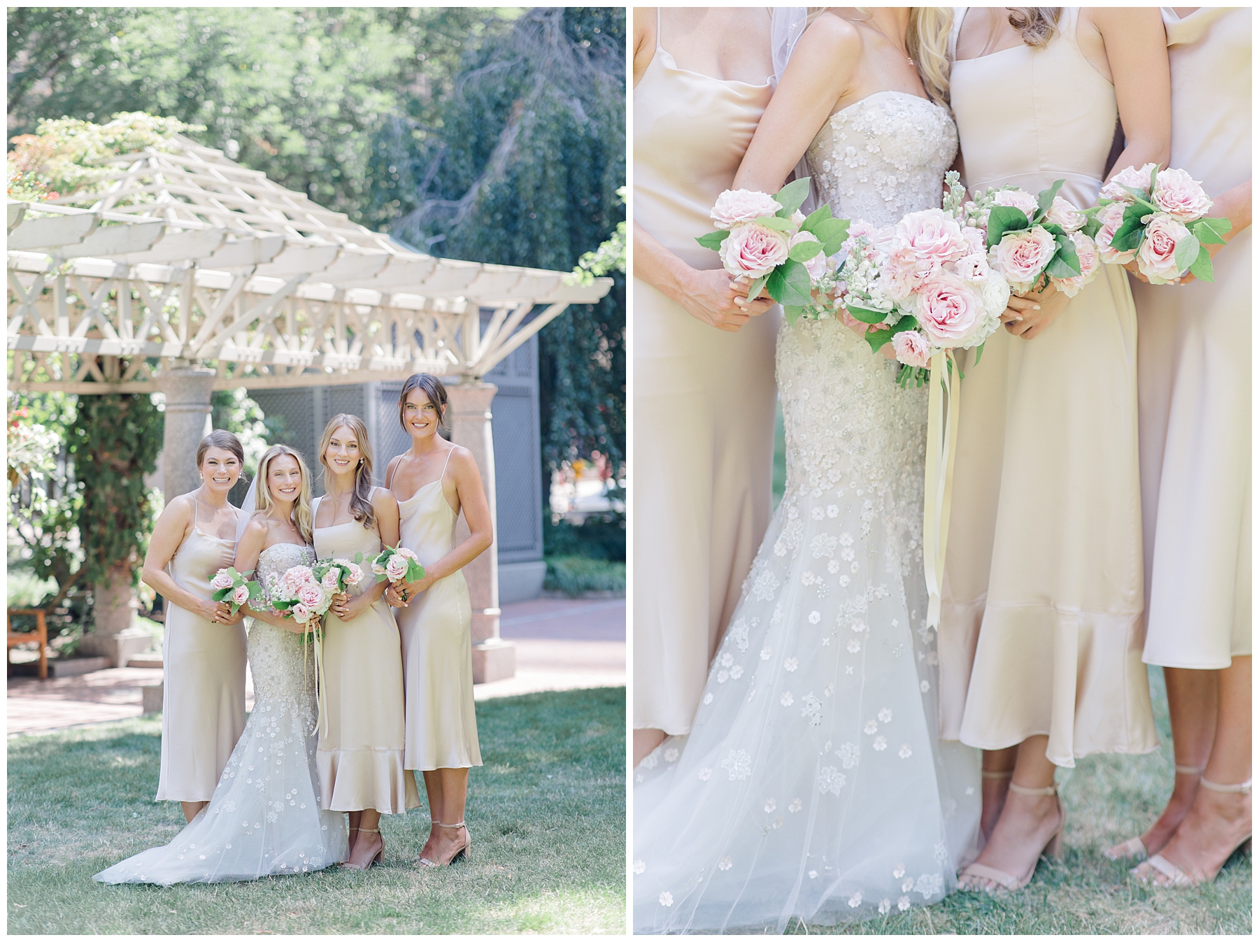 bride and bridesmaids together with wedding bouquets 