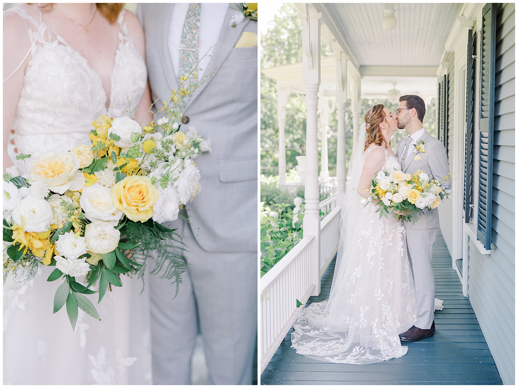 couple's first look on the porch of Thompson Inn and Cyderhouse in New Hampshire 