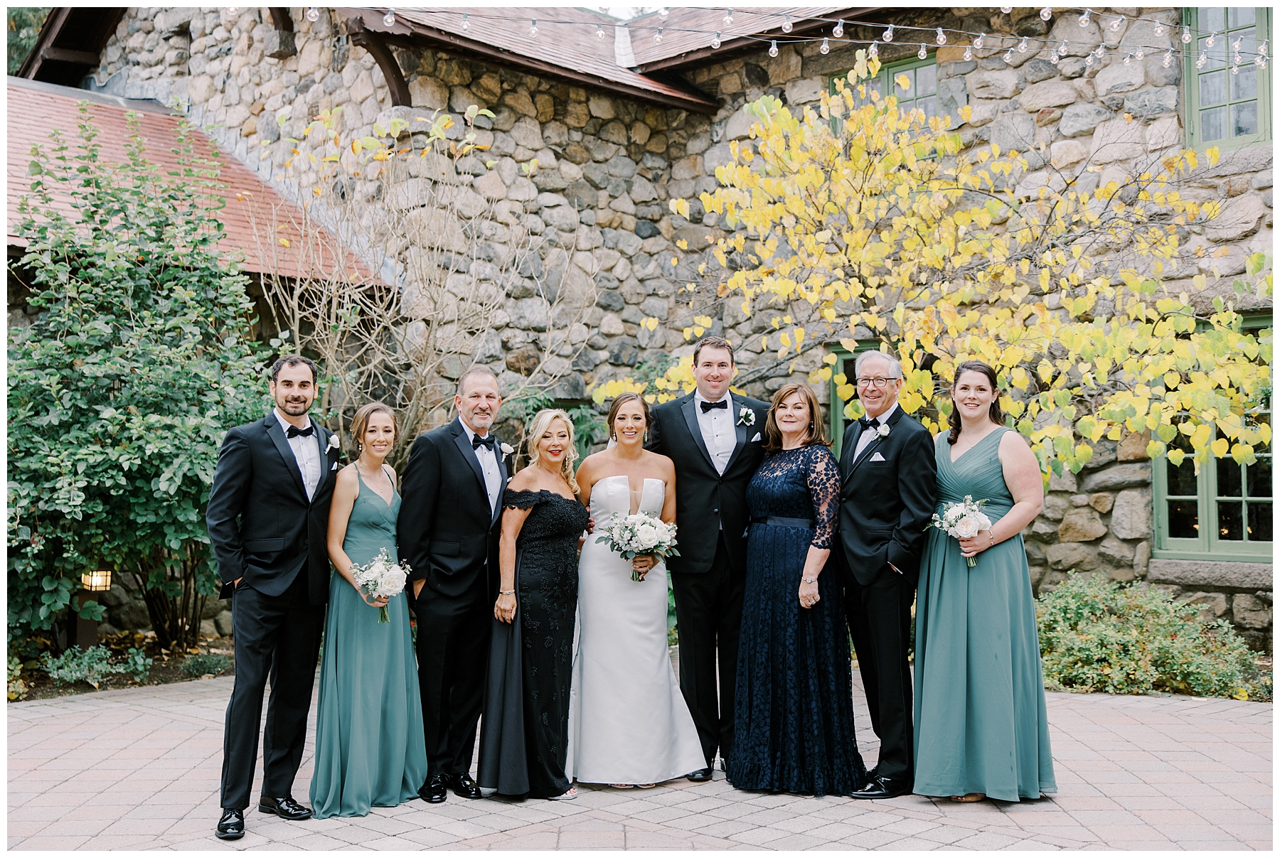 family portraits with bride and groom before Willowdale Estate Fall Wedding 