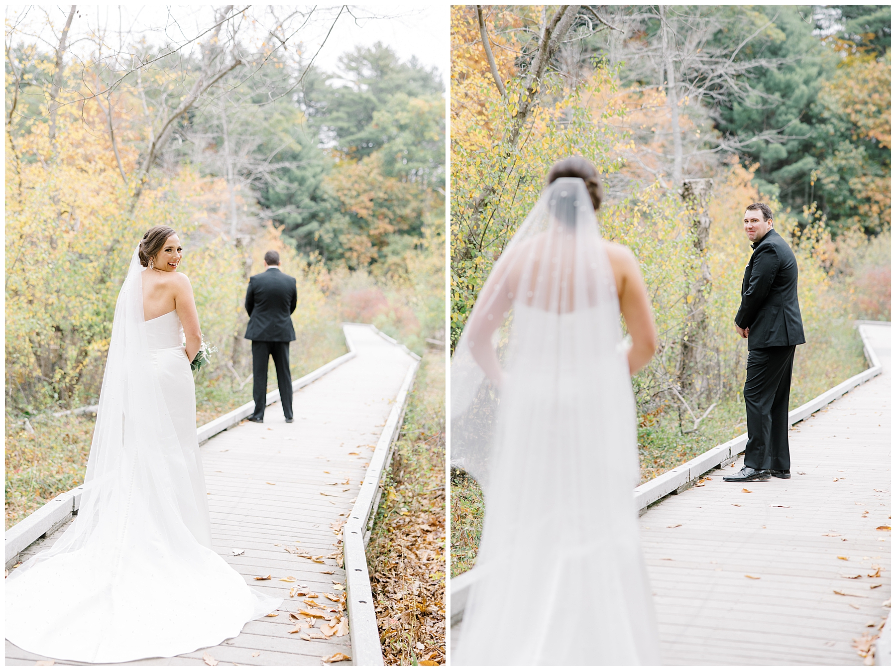 bride walking up on groom for first look moment