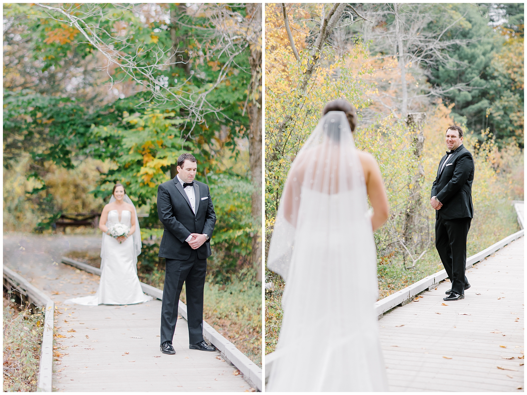 groom sees bride for the first time before Willowdale Estate Fall Wedding 
