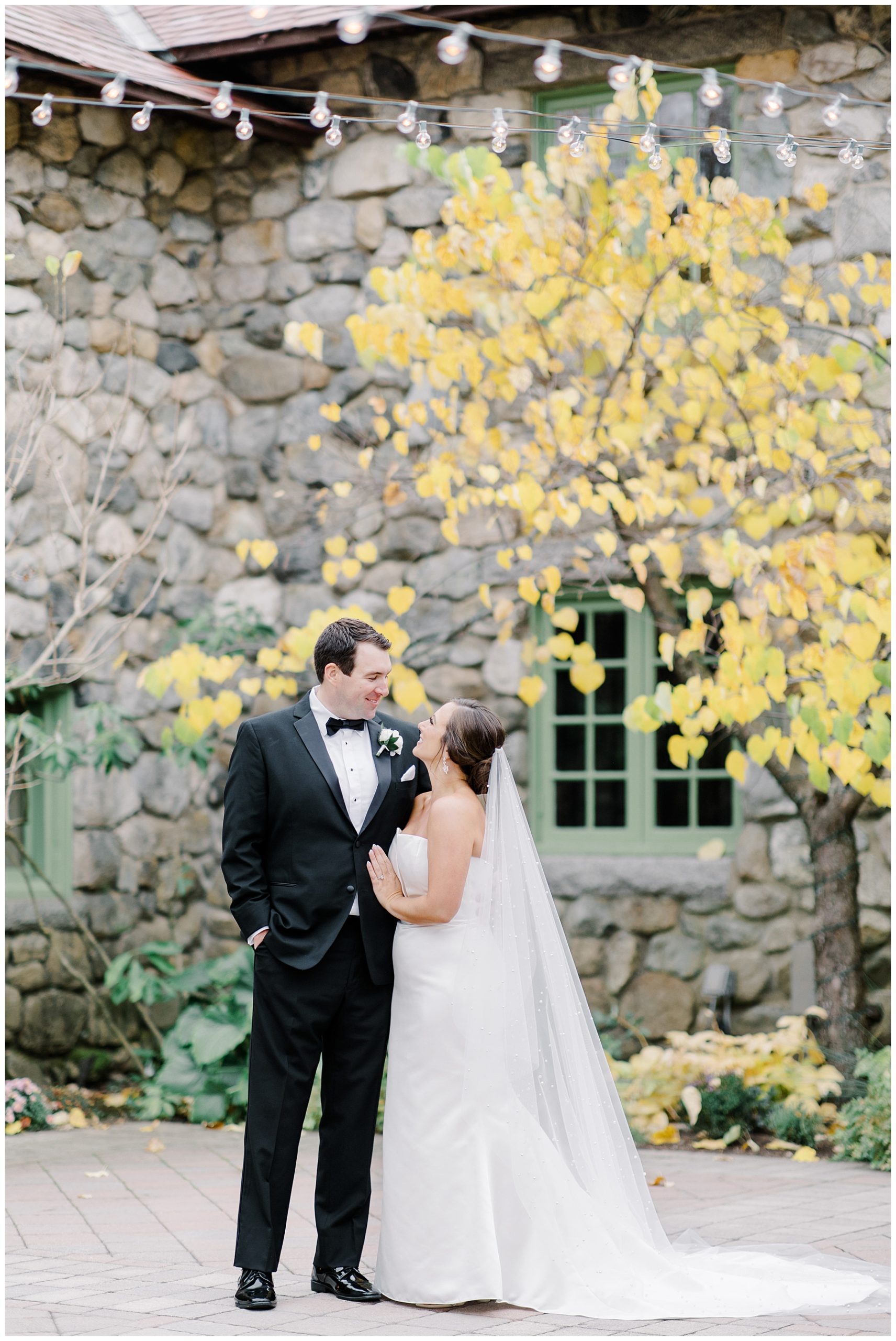 bride and groom under fall tree in the courtyard of Willowdale Estate 