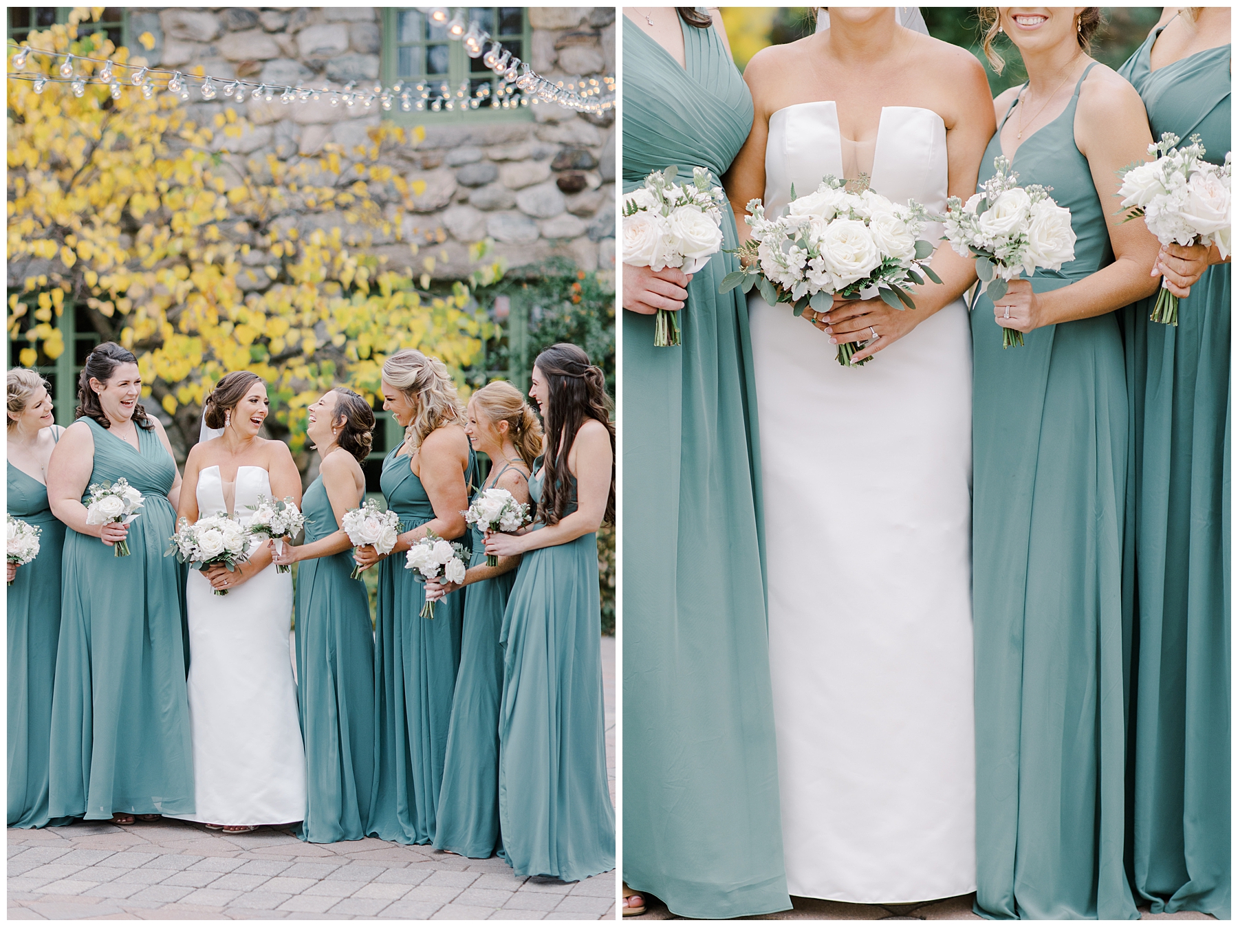 bride and bridesmaids with classic and timeless white wedding bouquets