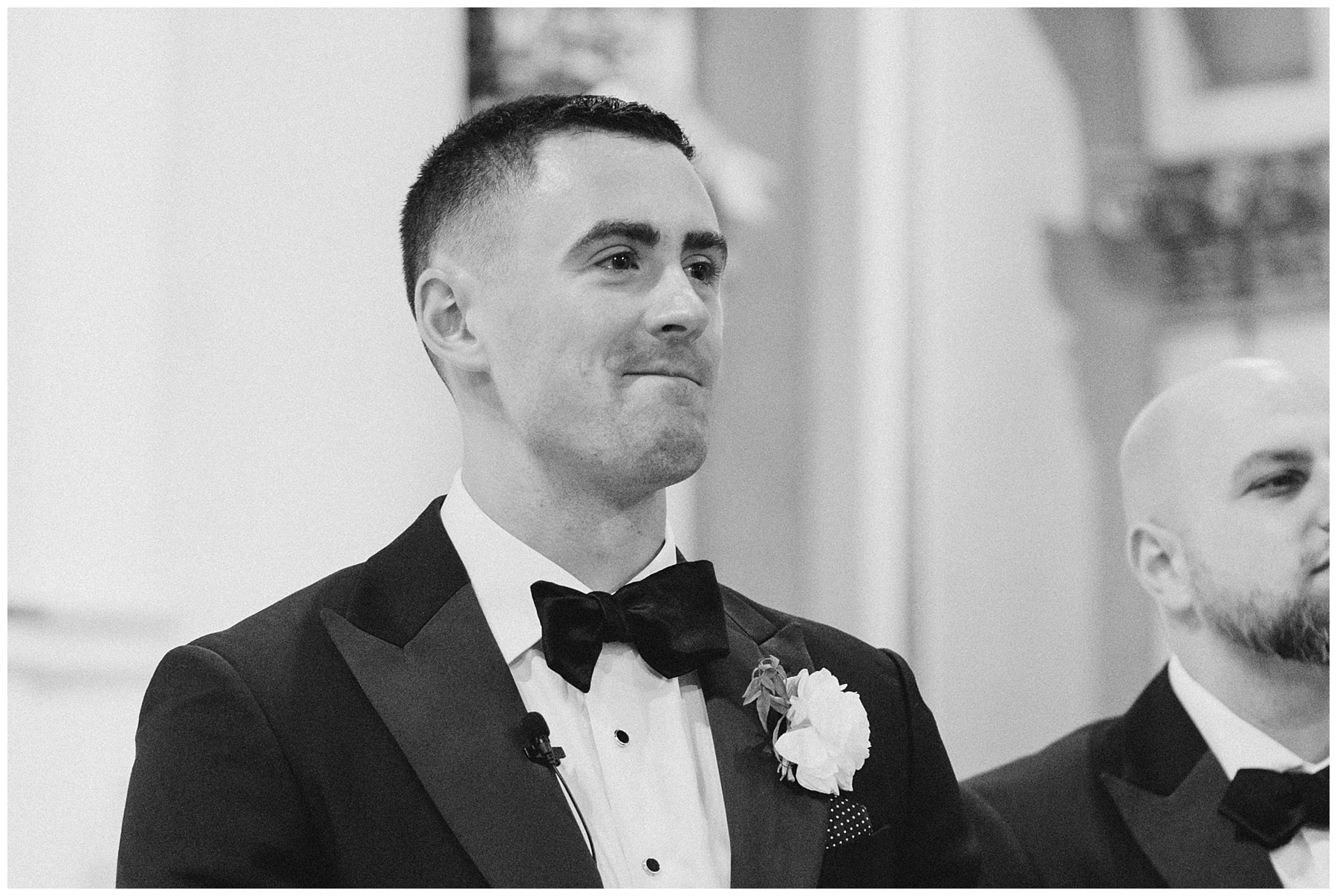 groom sees bride walking down the aisle at Boston wedding ceremony