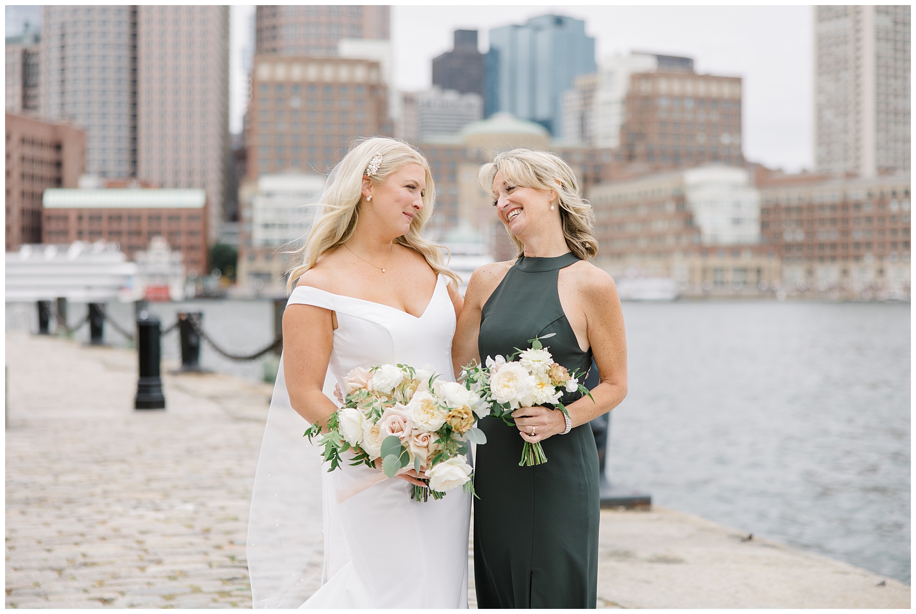 bride and mother at Fan Pier Park in Boston