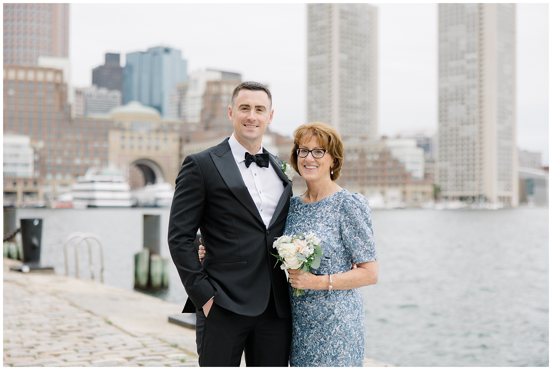groom with mom in downtown Boston