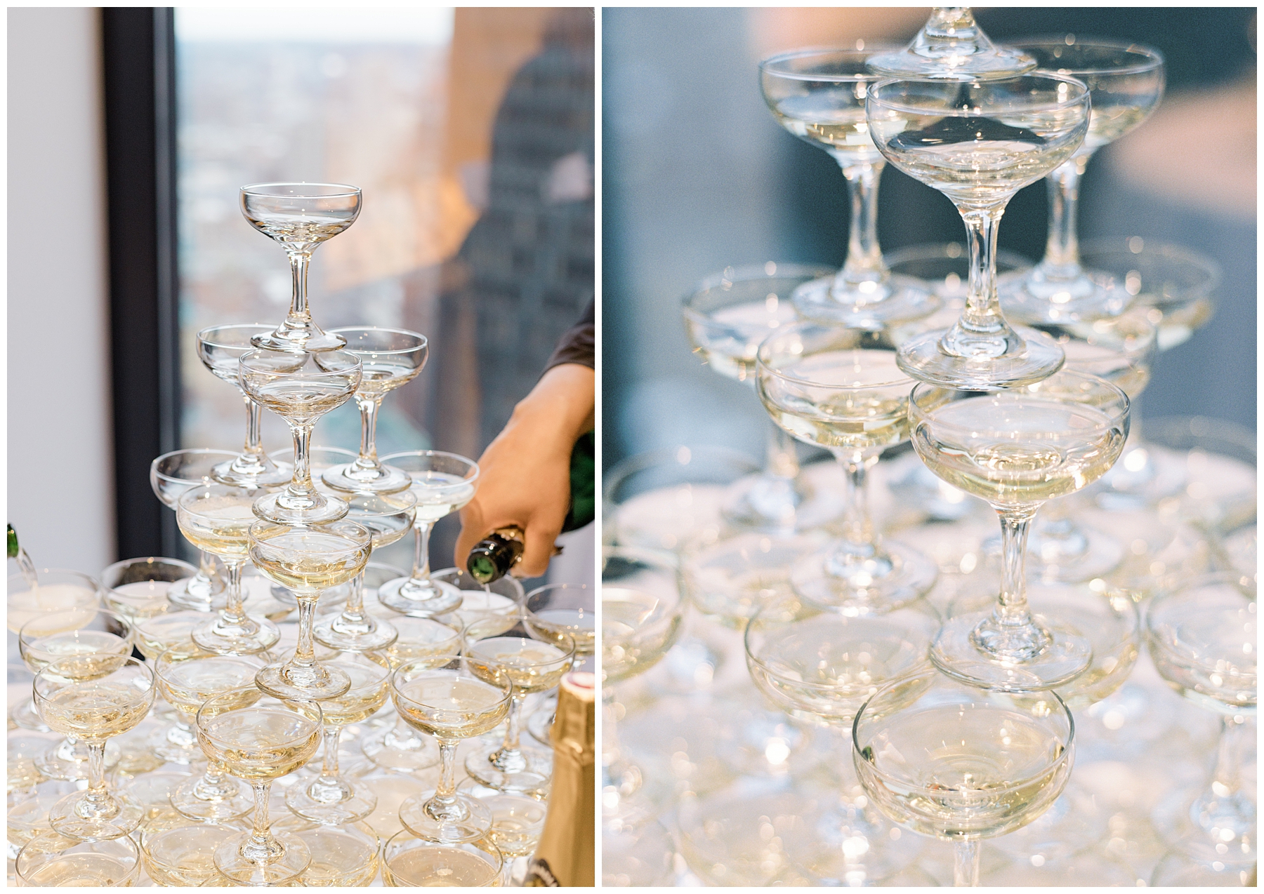 champagne tower at wedding reception