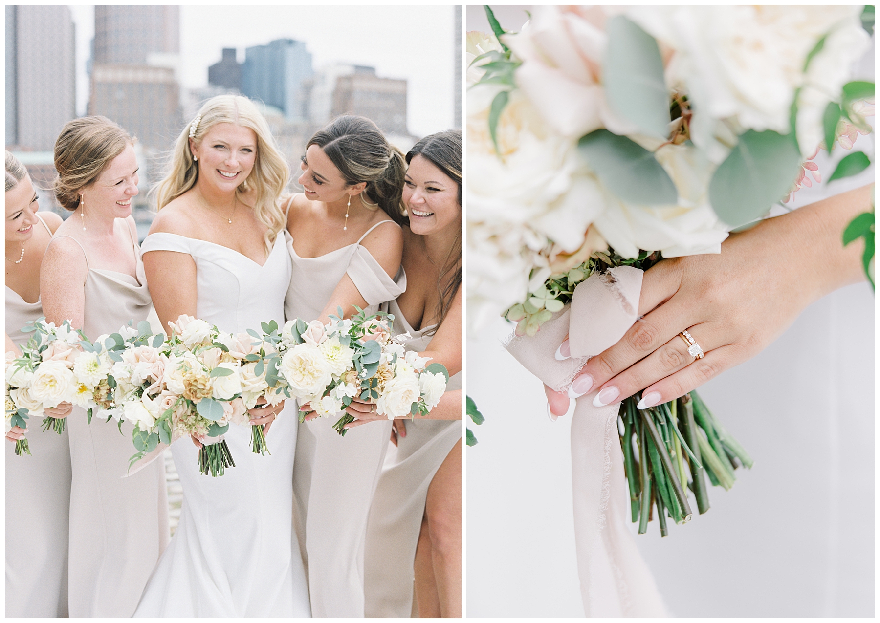 bride and bridesmaids hold elegant wedding bouquets 