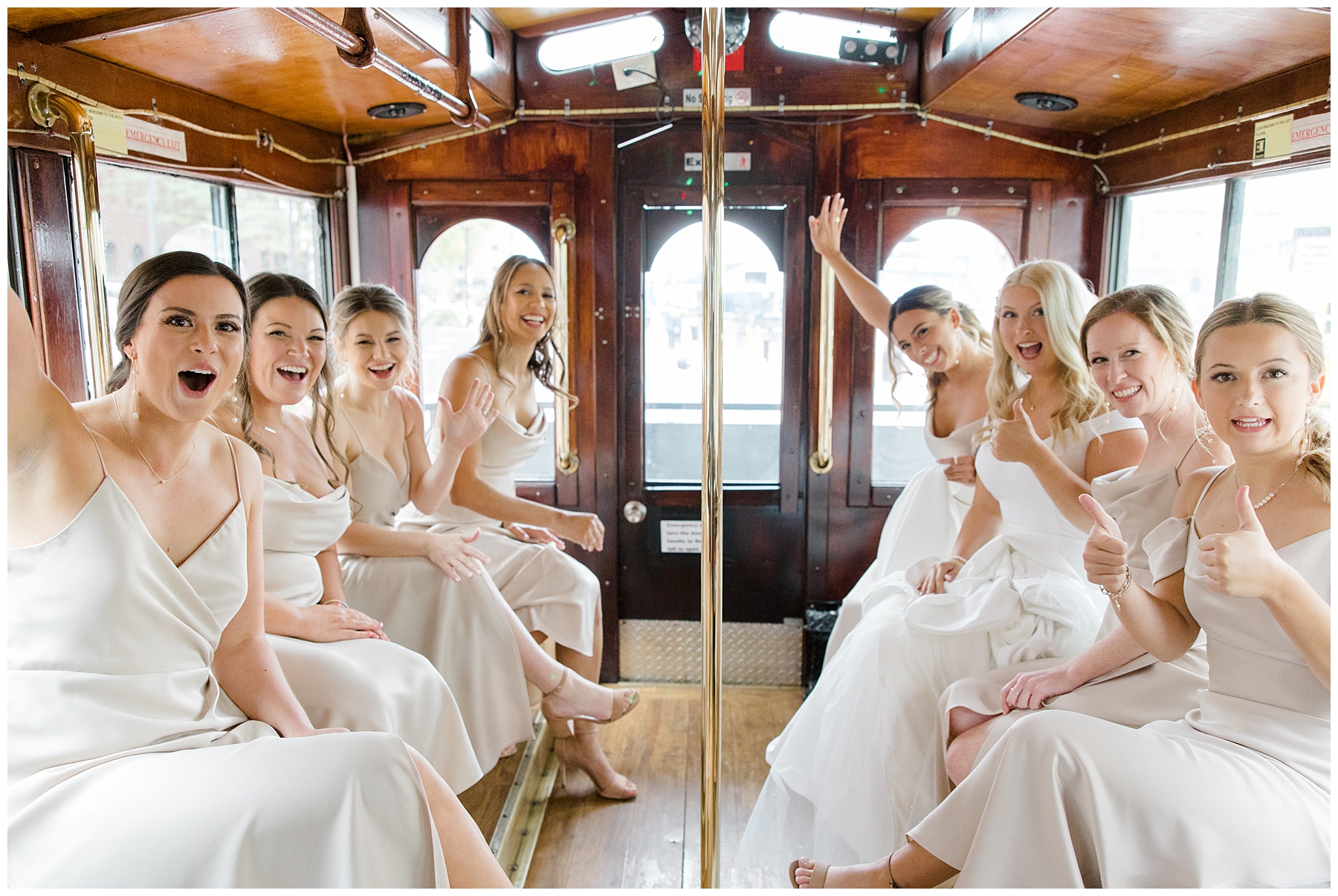 bride and bridesmaids in trolley 