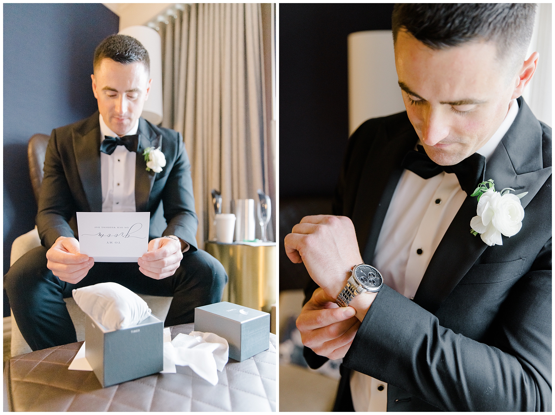 groom getting ready and reading bride's letter