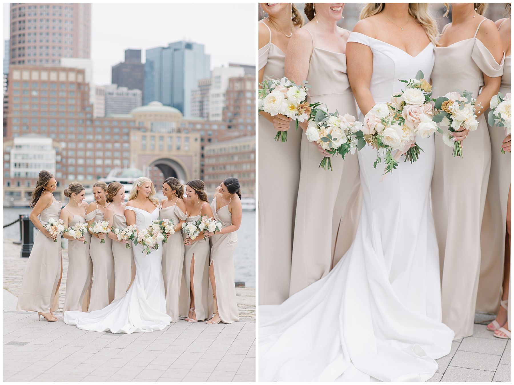 champagne bridesmaids dresses and bride with neutral and light hued flowers