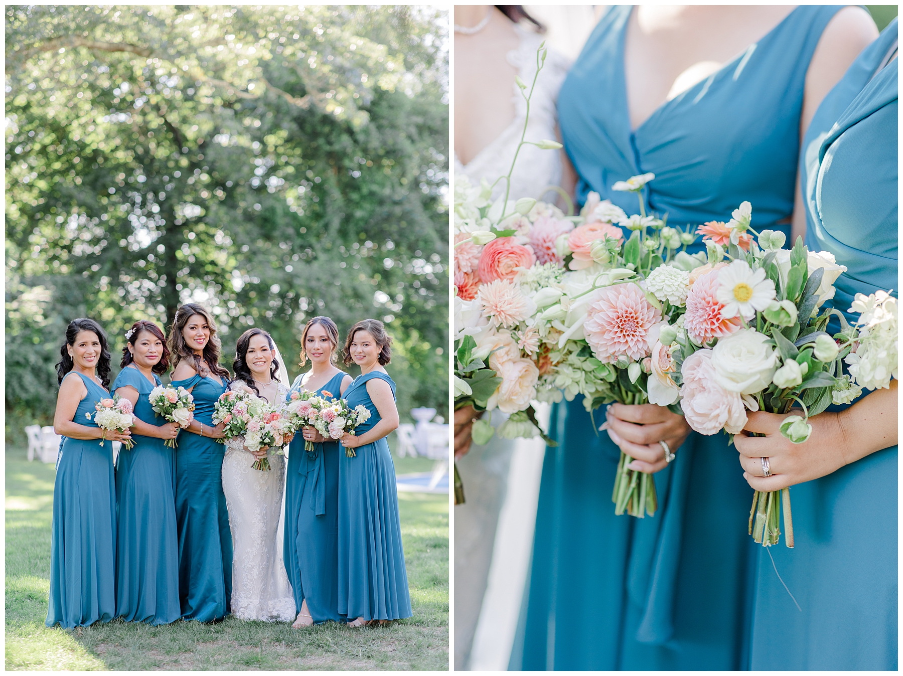 bridesmaids in teal dresses hold bouquets 