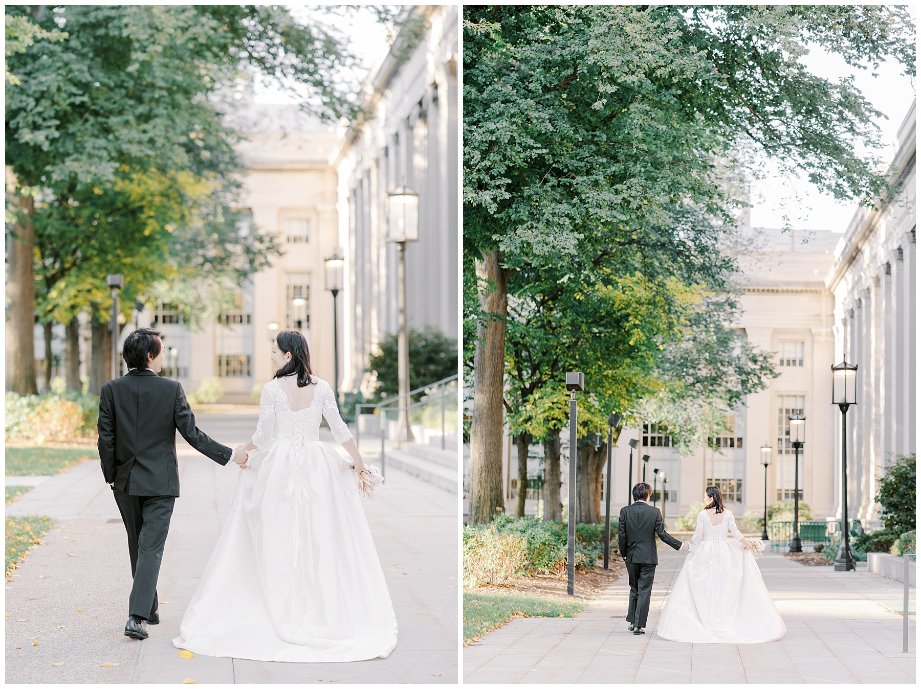 couple walk together holding hands during wedding portraits 