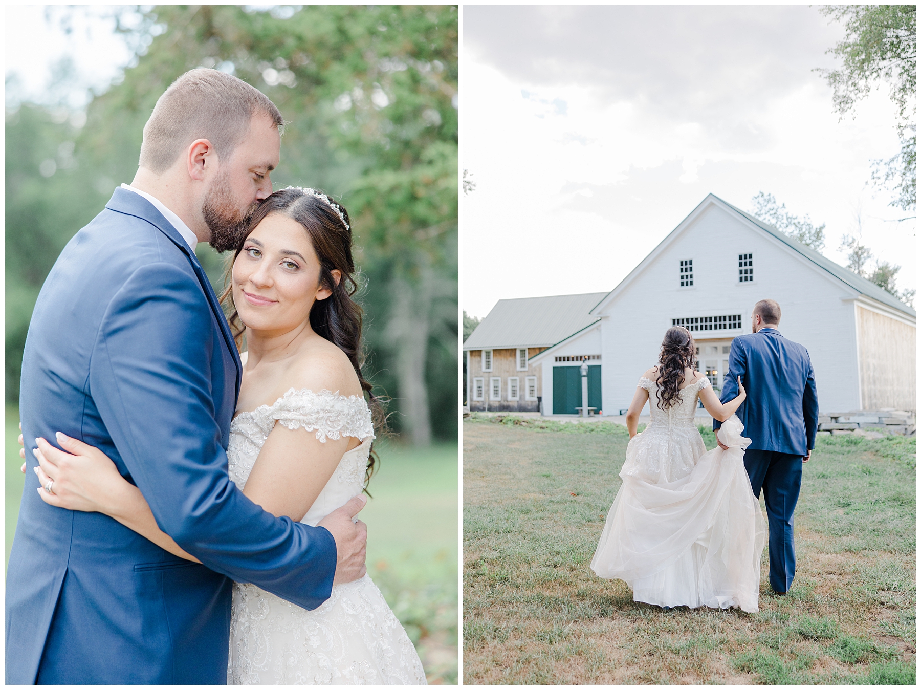 bride and groom explore the property at New Hampshire Wedding venue The Barn at Powder Major's Farm