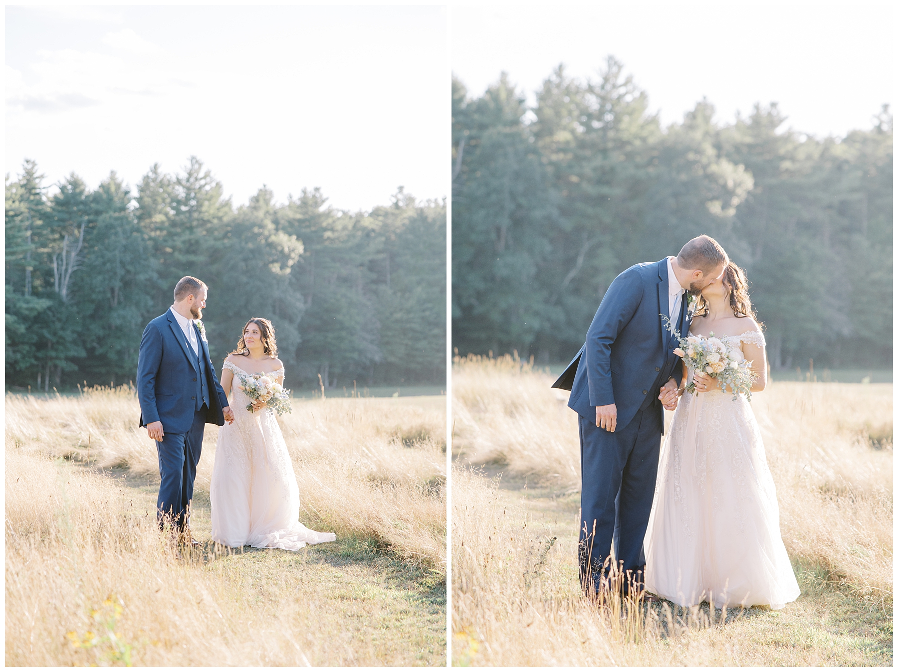 bride and groom walk in field of tall grass