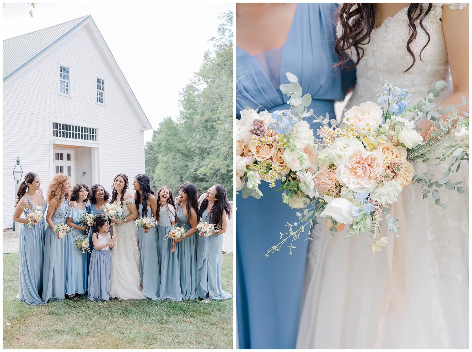 bridesmaids in dusty blue dresses and classic, light hued wedding bouquets
