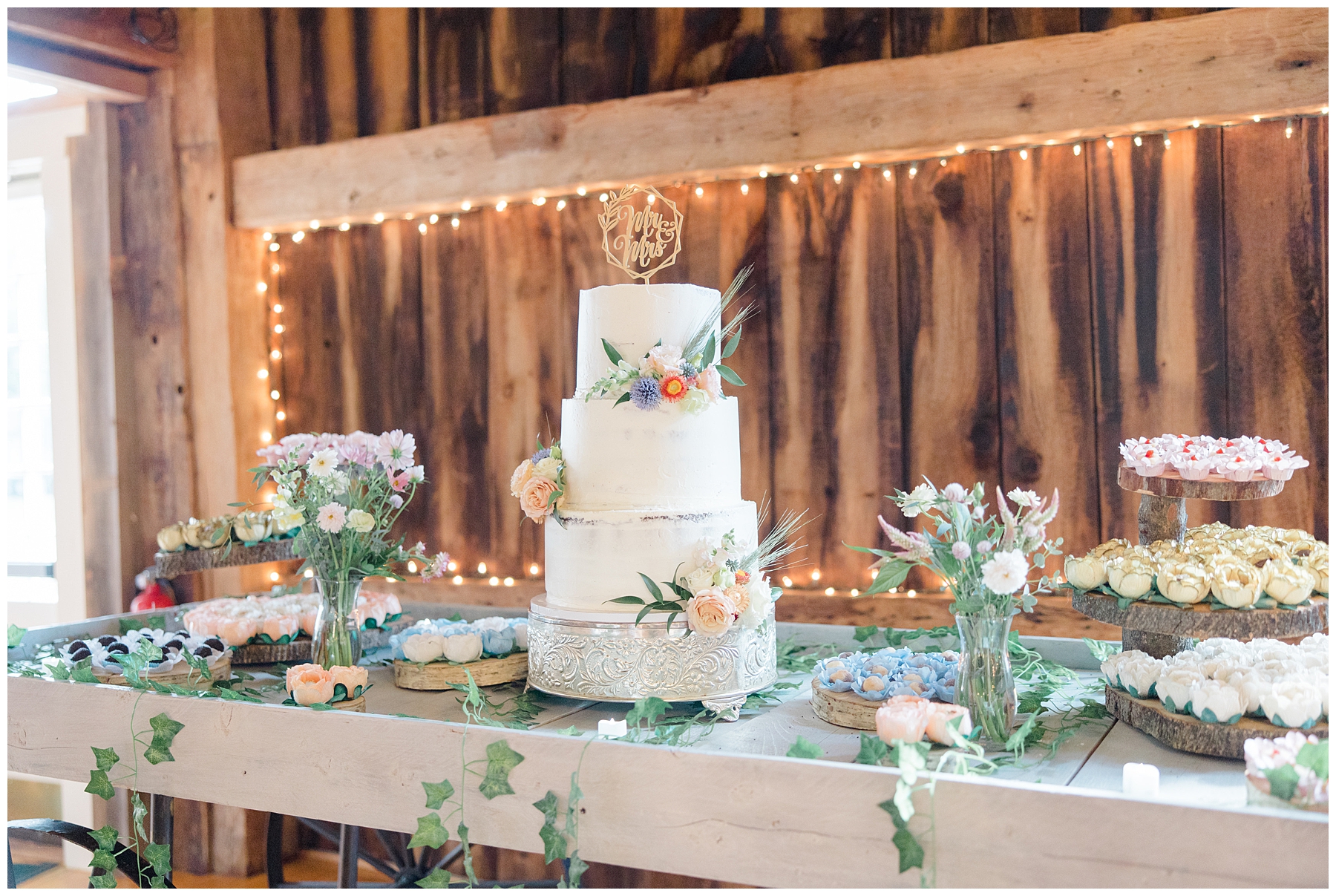 wedding cake and dessert table from Elegant New Hampshire Wedding at The Barn at Powder Major's Farm