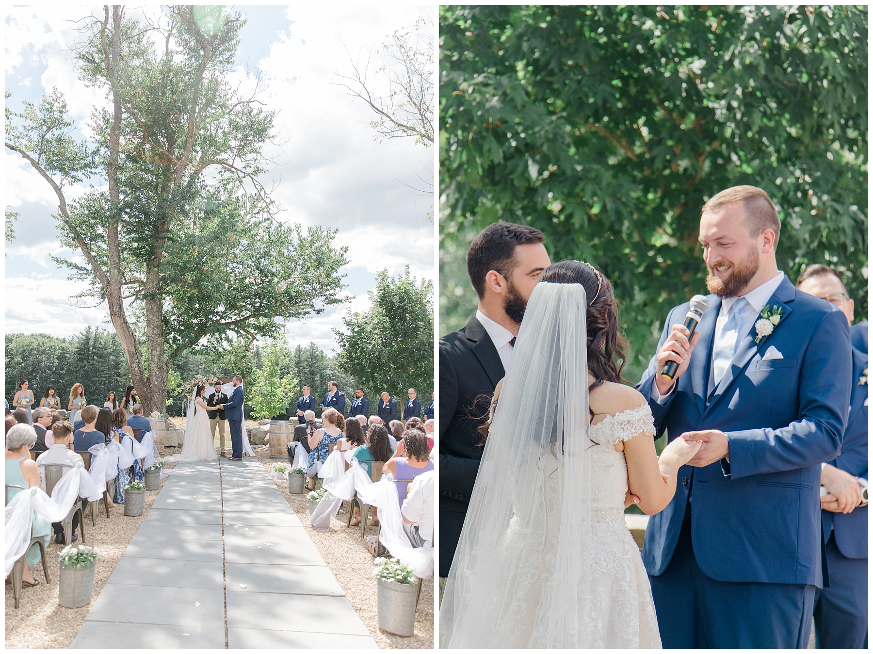 couple exchange vows at Elegant New Hampshire Wedding at The Barn at Powder Major's Farm