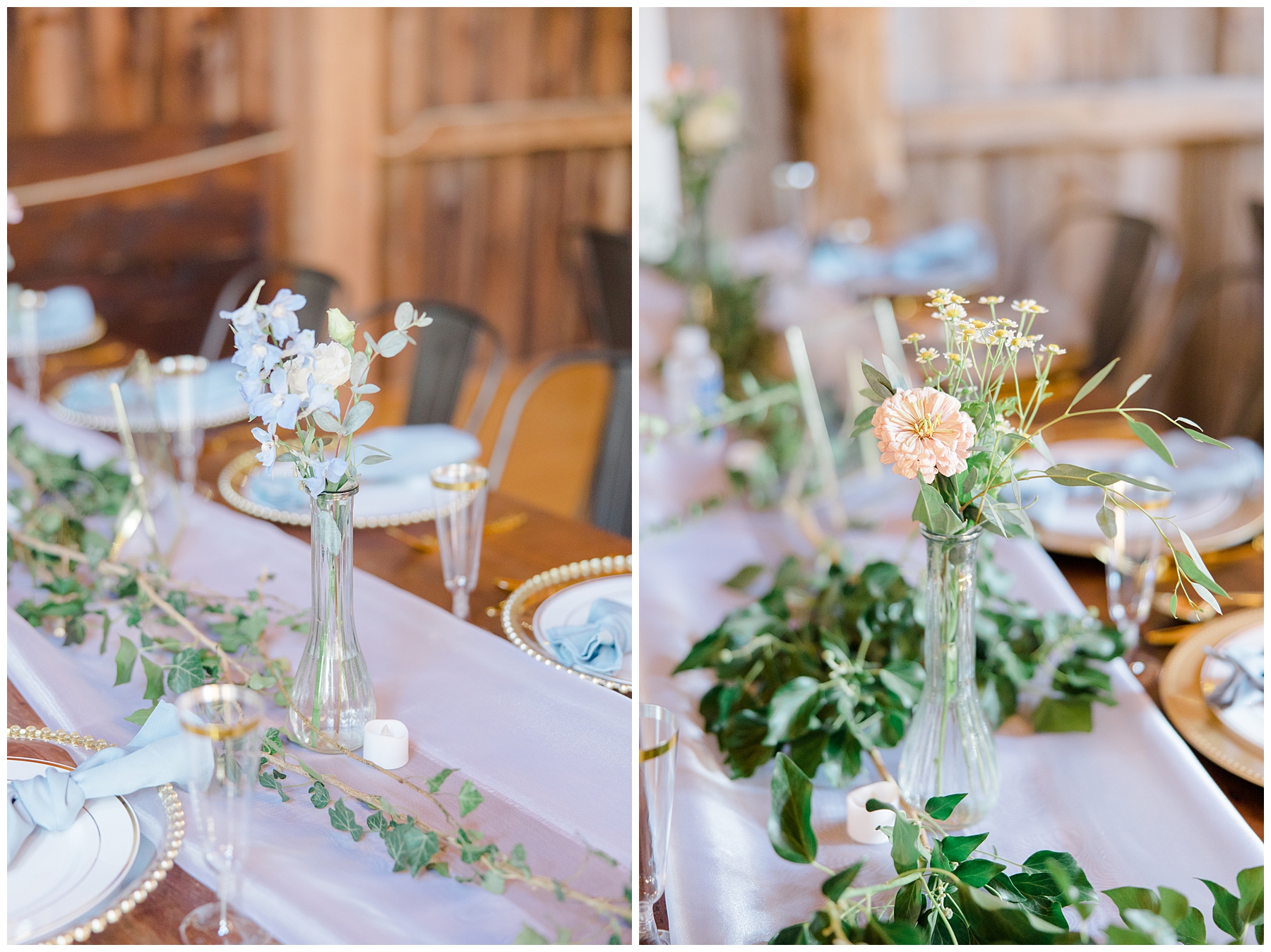 flowers and greenery decorate tables at reception