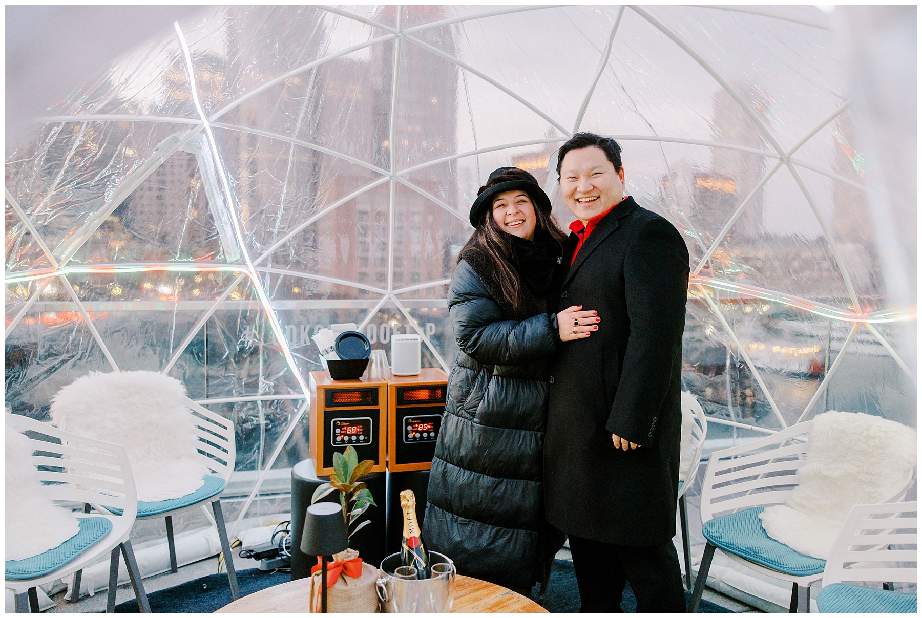couple inside private igloo after Boston Rooftop Surprise Proposal