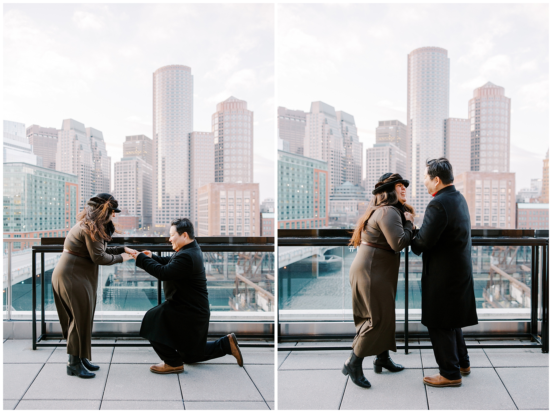 man puts ring on finger after Boston Rooftop Surprise Proposal