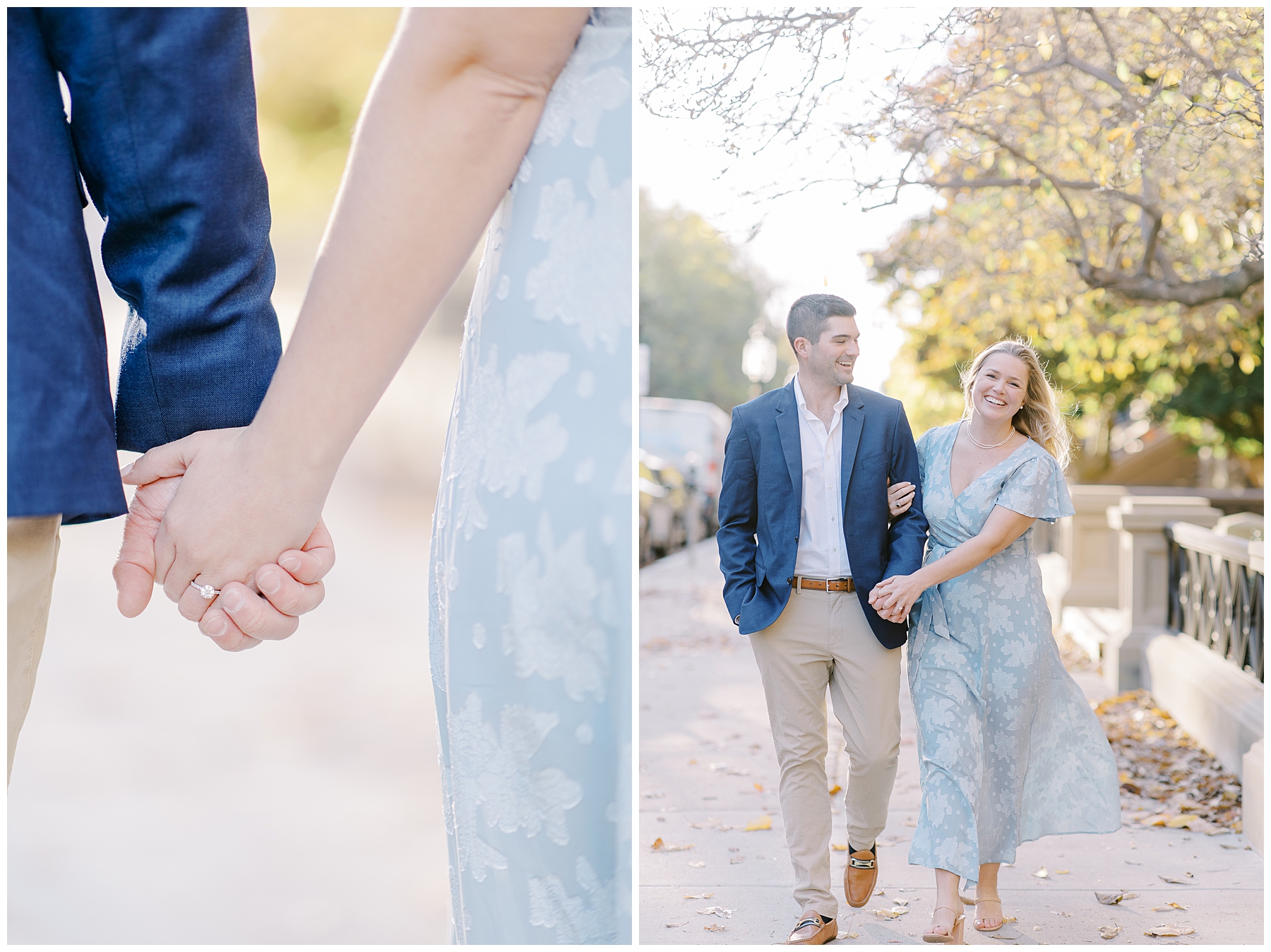couple walk together down Boston street during engagement session