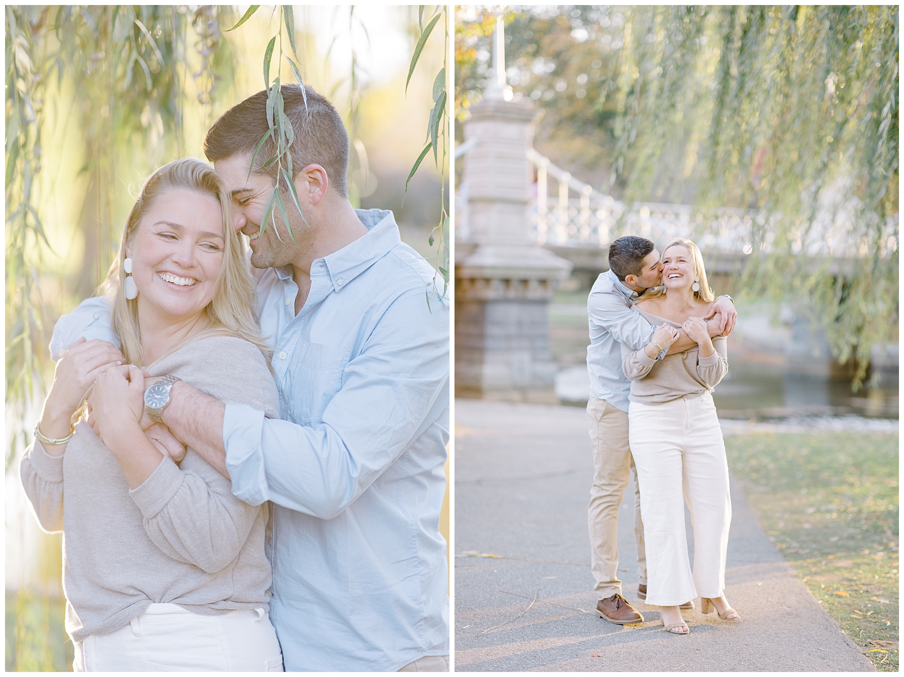 couple under weeping willow tree during engagement