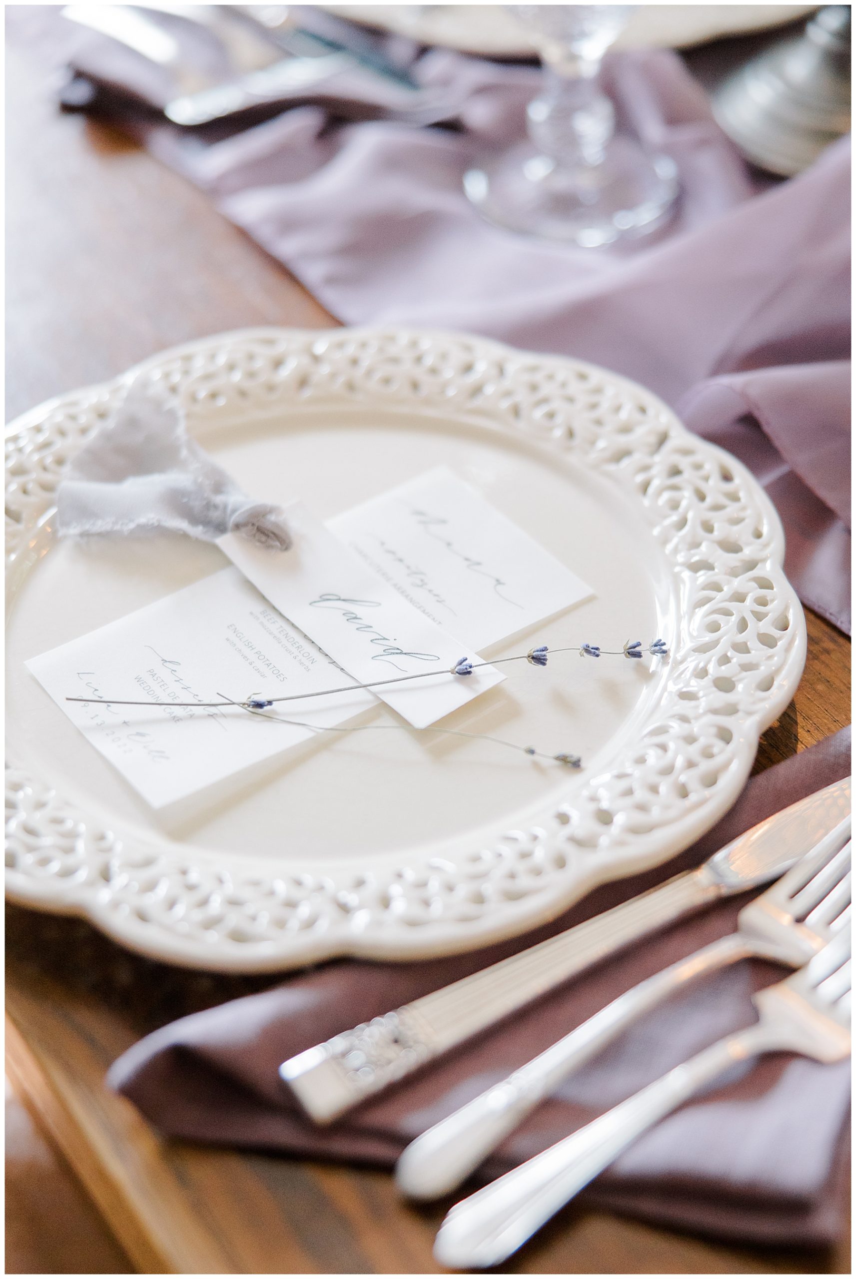 place setting details from intimate wedding reception
