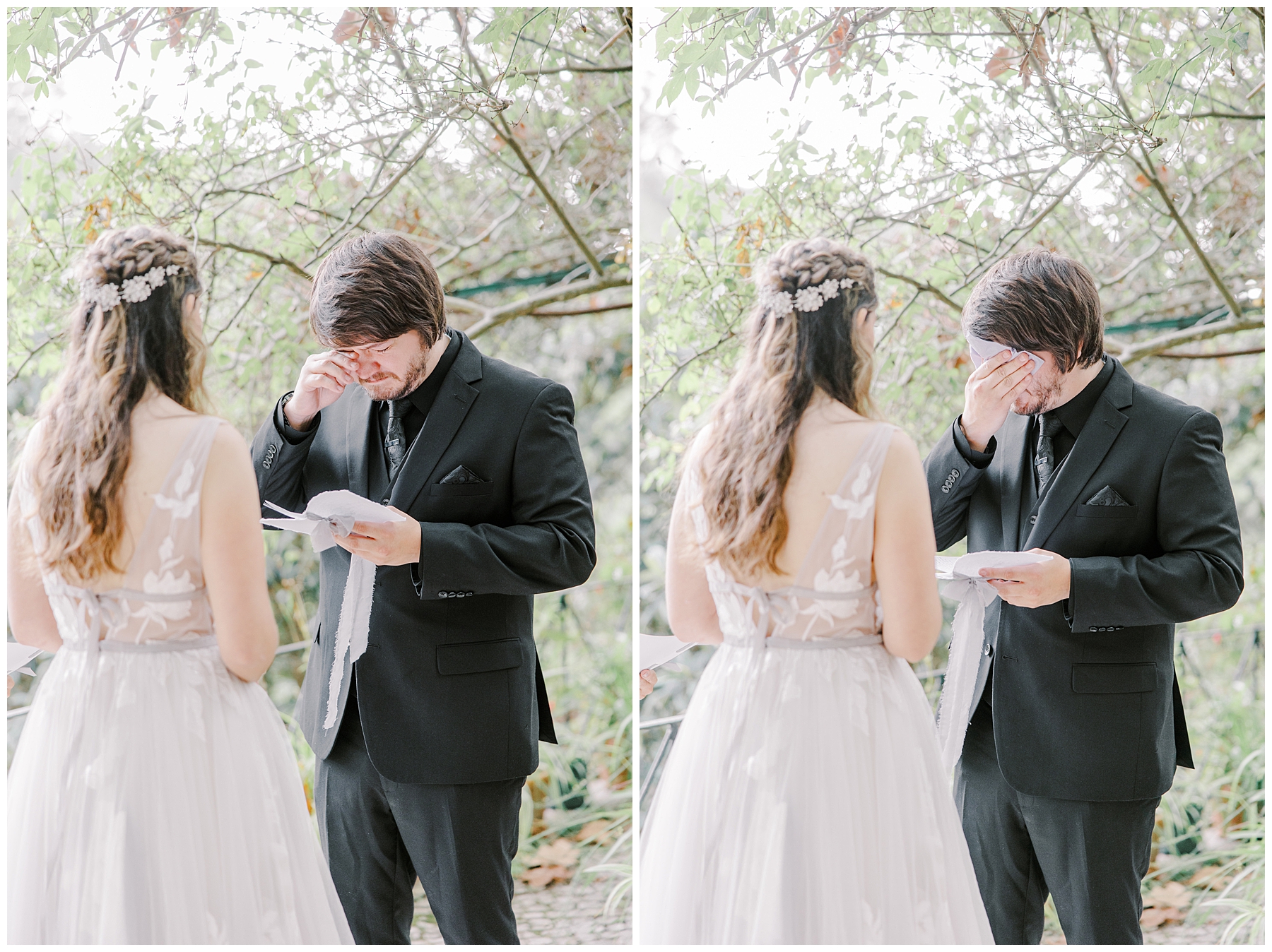 groom wipes away tears while reading wedding vows 