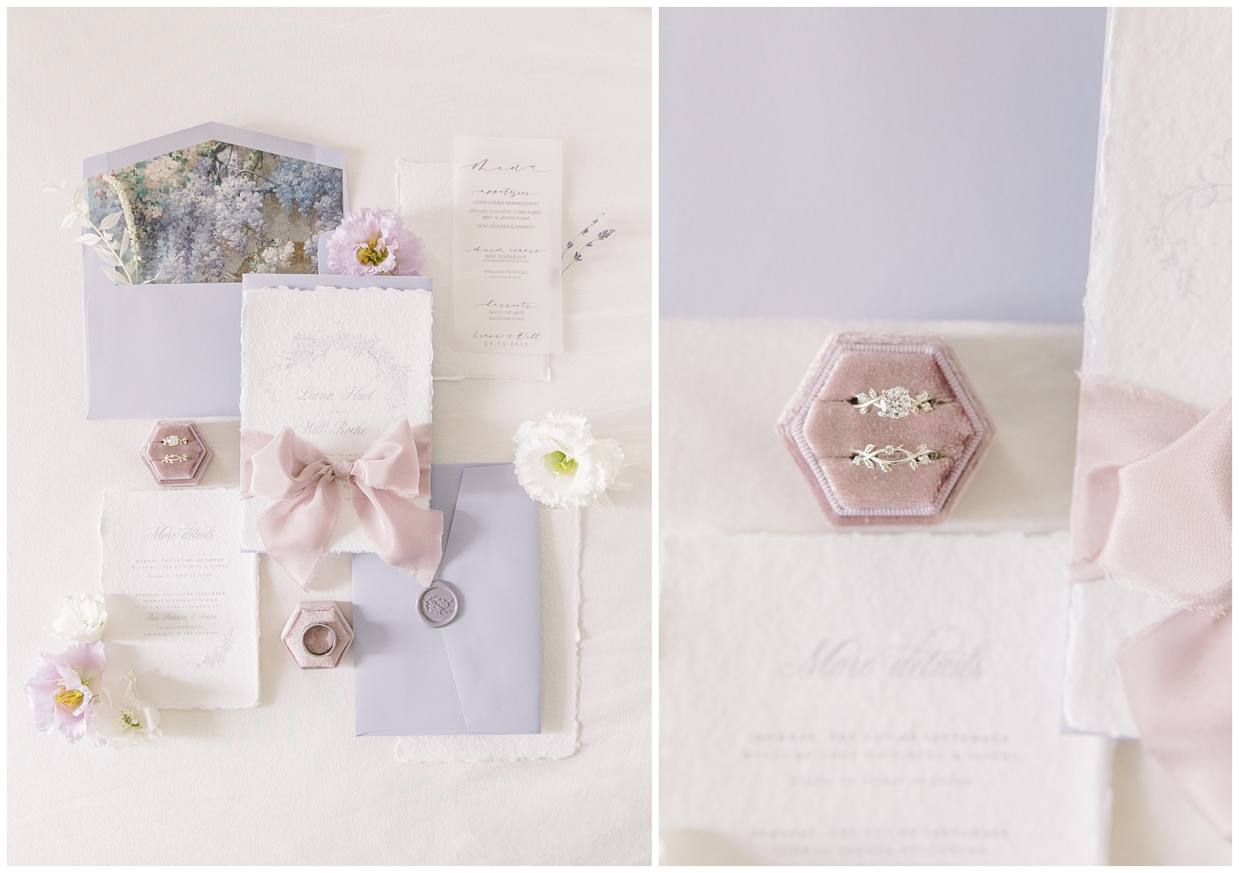 romantic purple and white wedding details