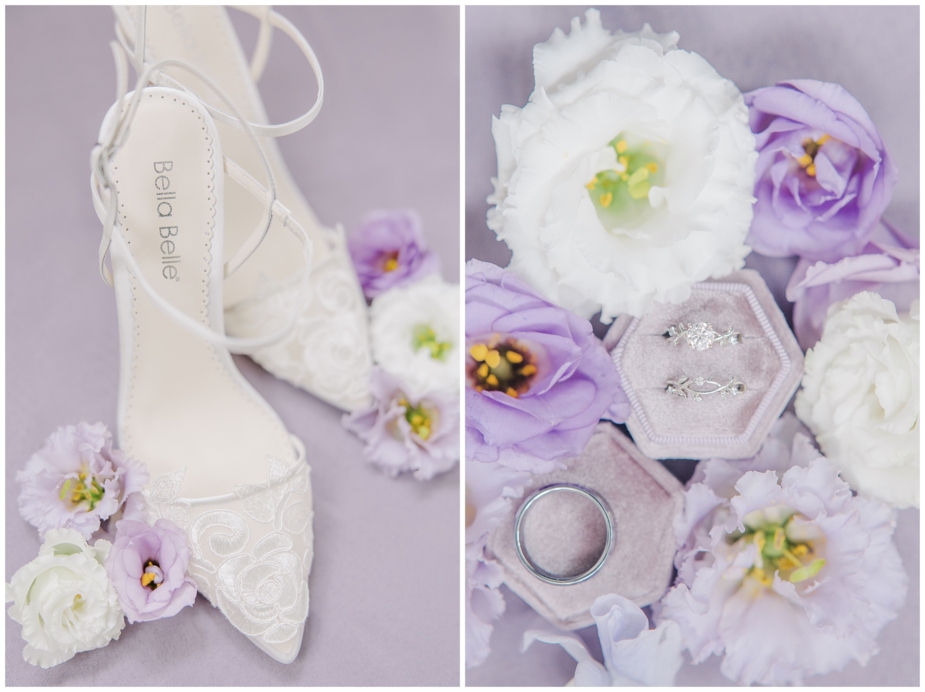 wedding shoes and rings surrounded by white and purple flowers