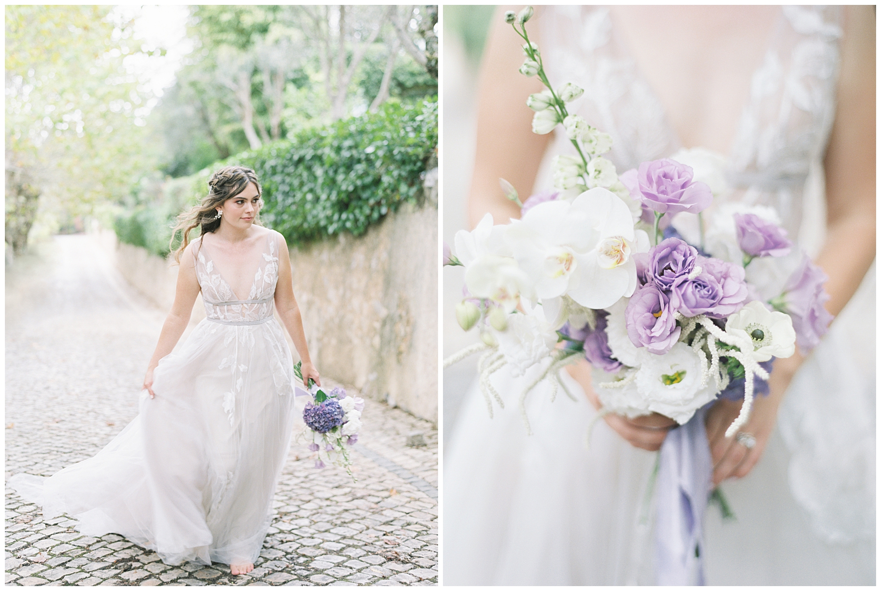 bride holding romantic wedding bouquet with light purple and white flowers 