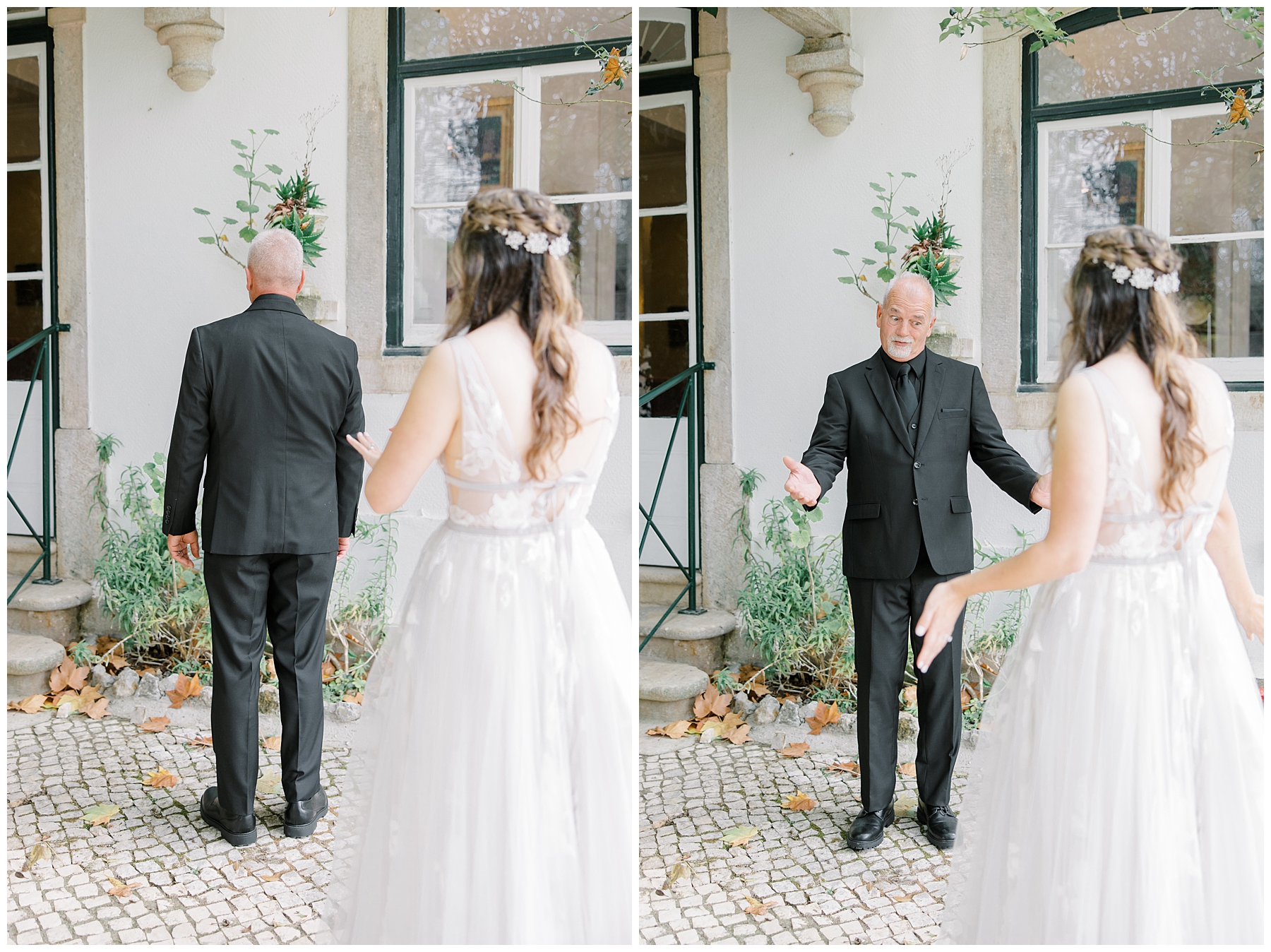 bride and father share first look moment outside of villa in Portugal 