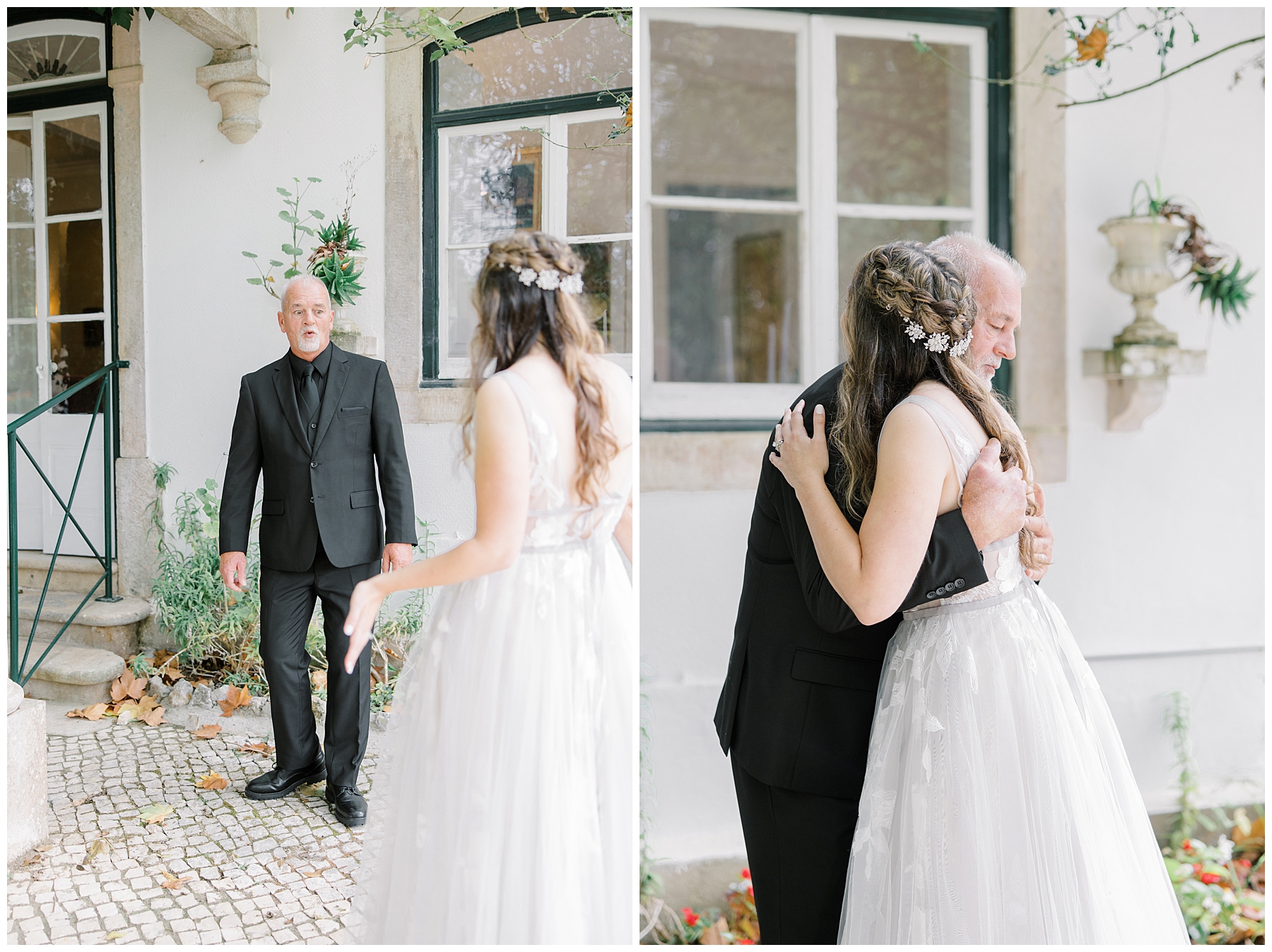 father hugs his daughter during first look 