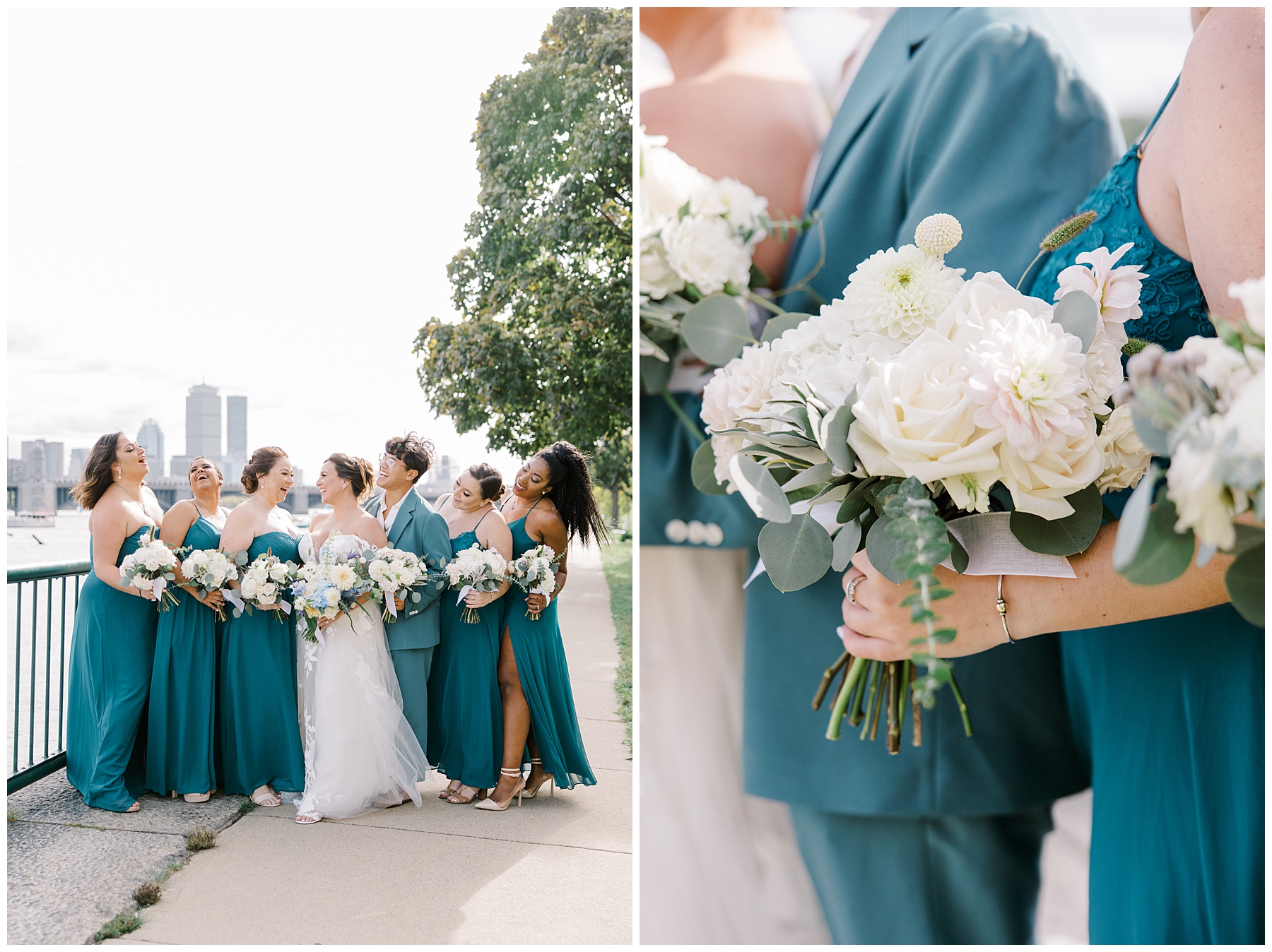 bridesmaids in peacock colored outfits