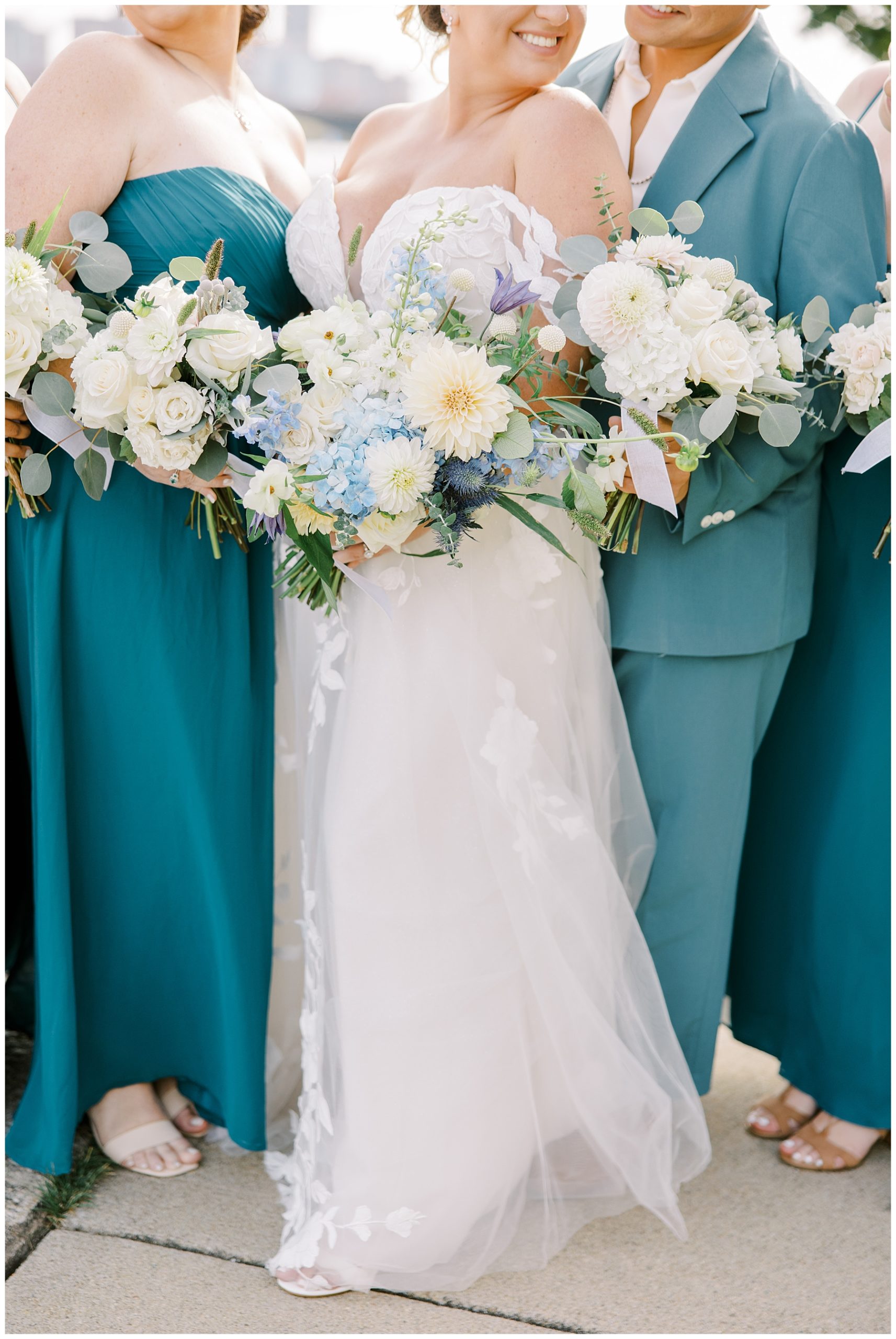 white and pale blue wedding bouquets