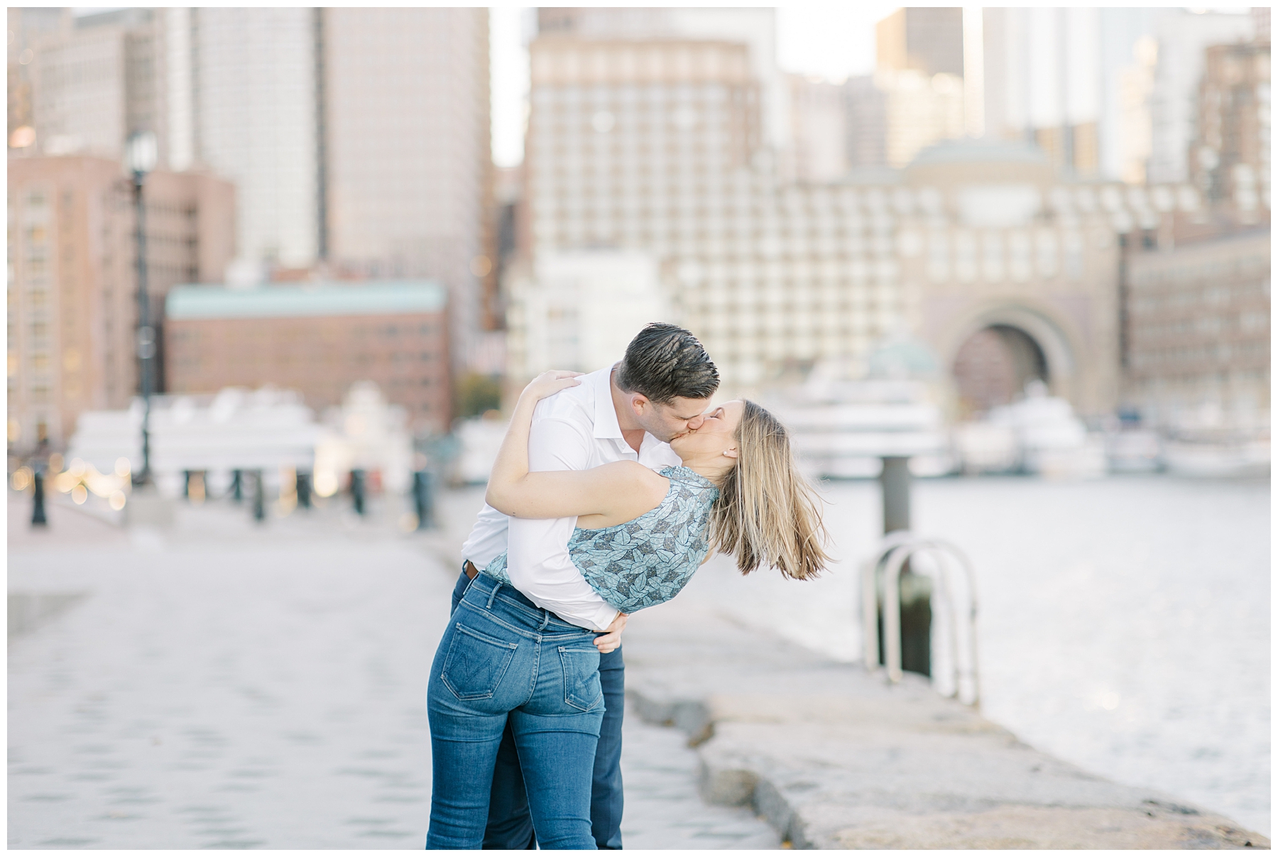 couple kiss during classic Boston Egnagement