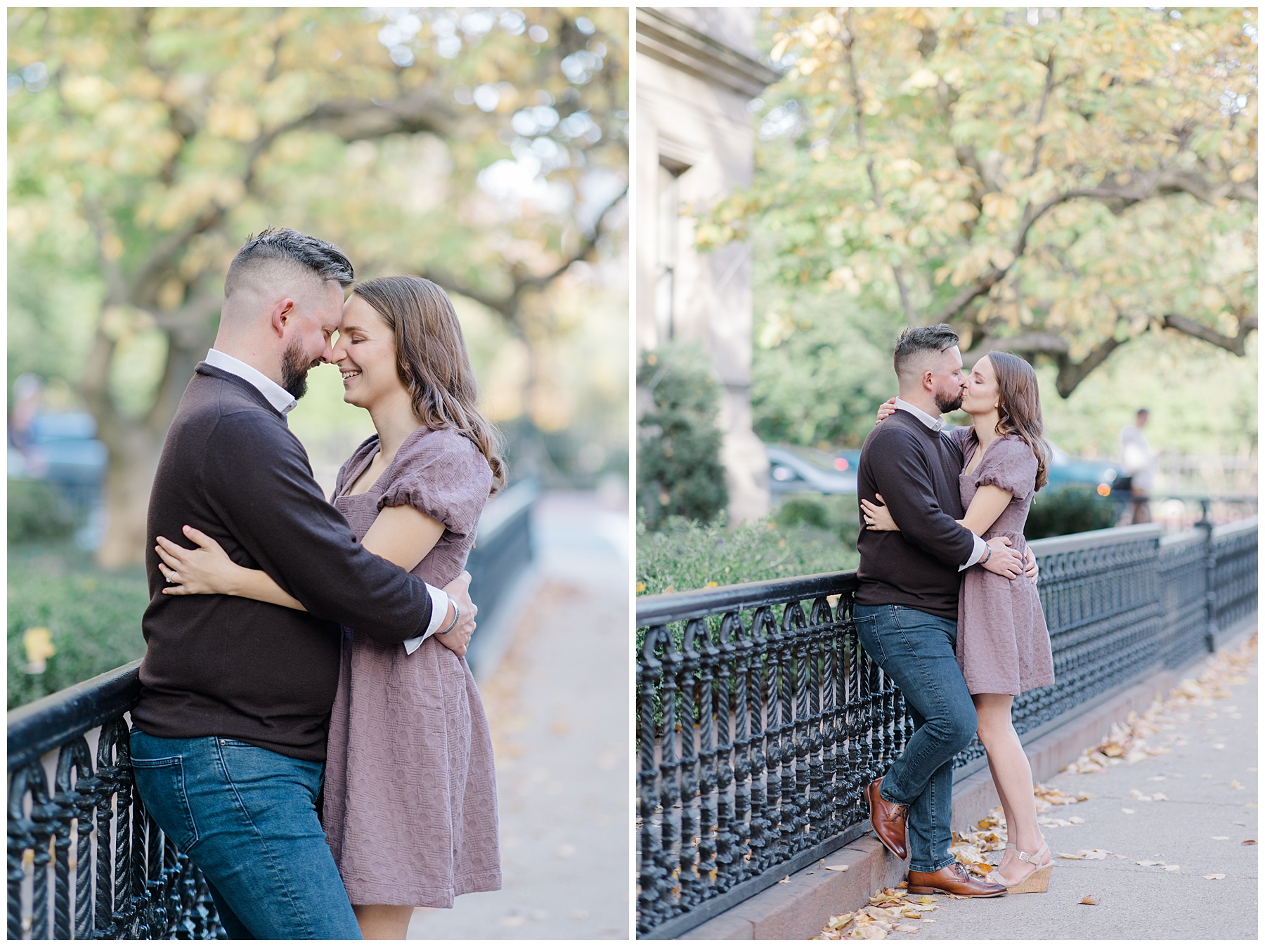 couple lean against wrought iron fence during romantic Boston engagement 