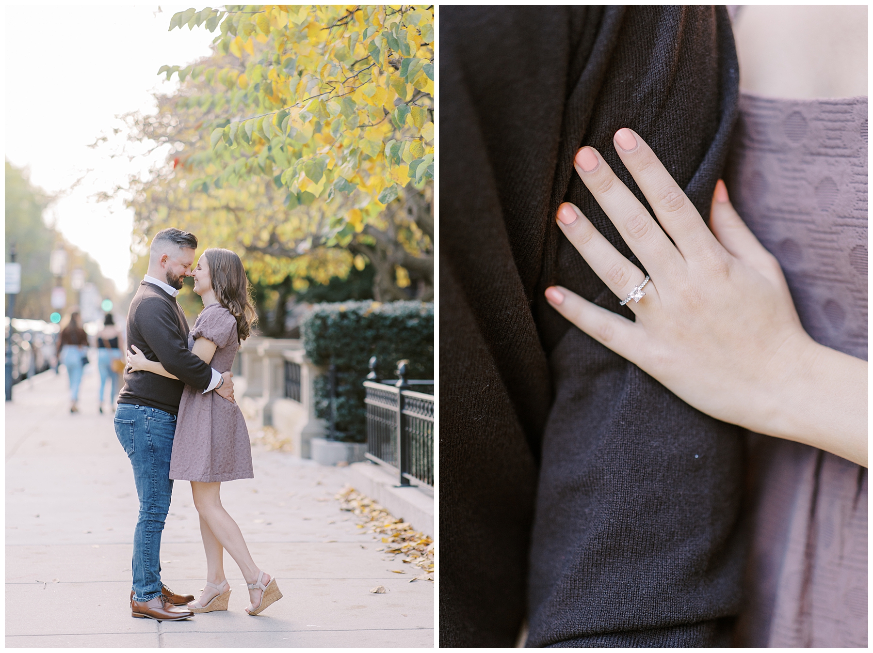 couple lean in together during engagement photos in downtown Boston