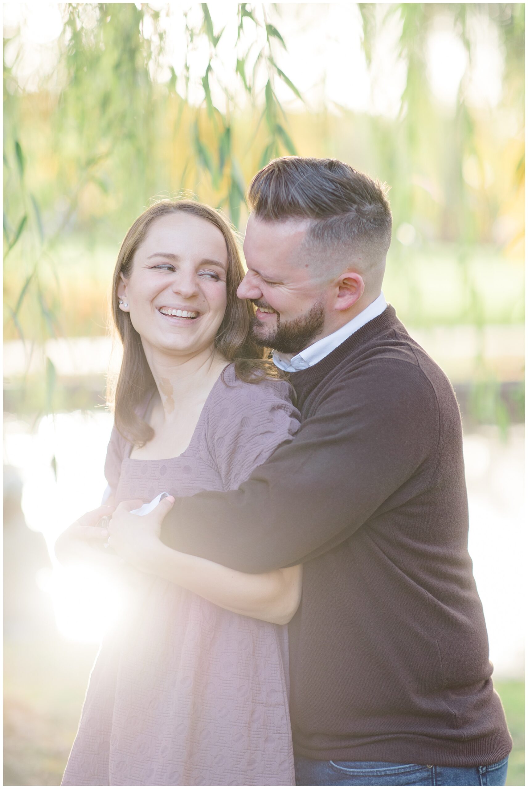 romantic engagement portraits in Boston under weeping Willow tree