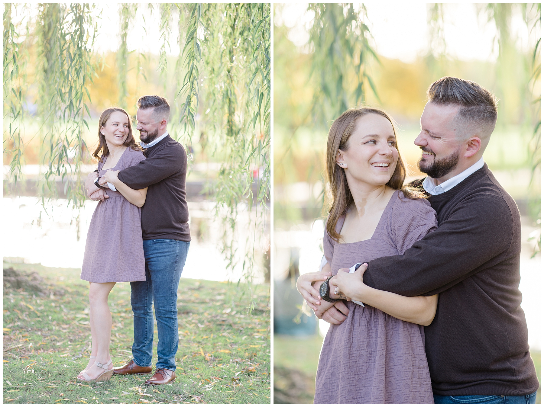 couple stand under weeping willow tree during Boston Engagement session