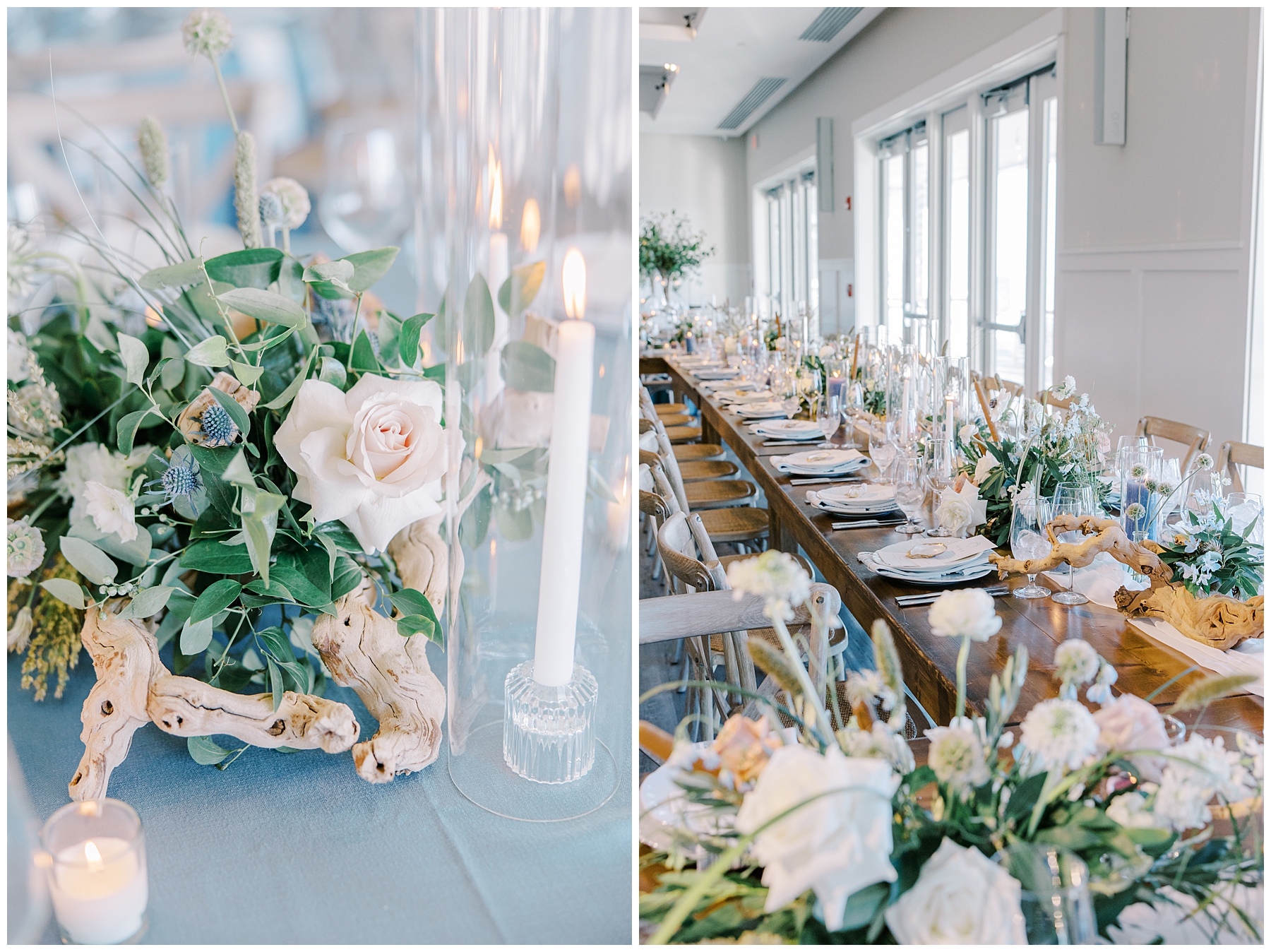 floral arrangements decorate center of tables at Coastal Cape Cod Wedding at Pelham House Resort