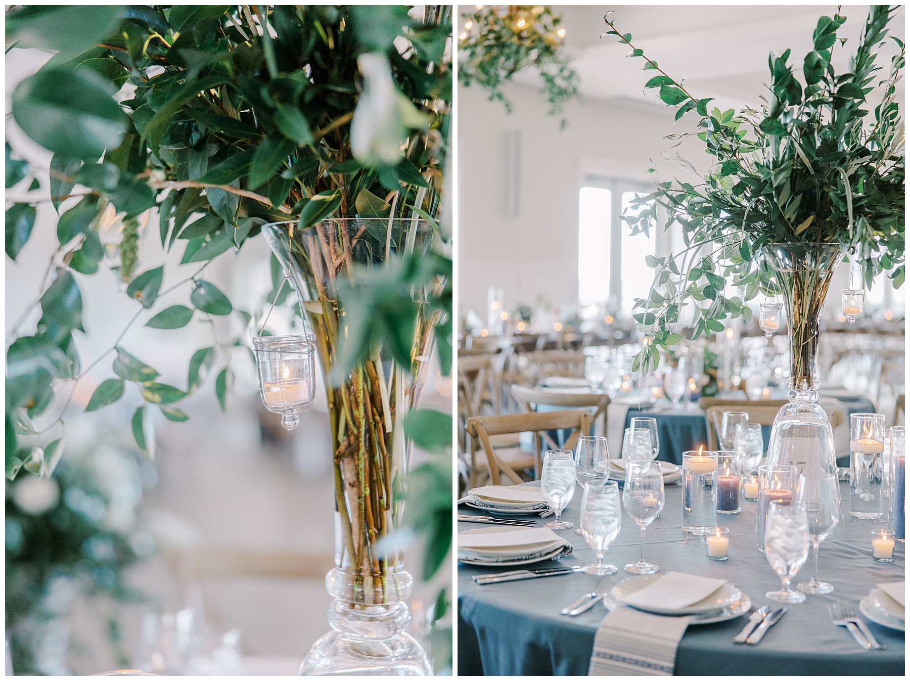 centerpieces featuring vases with  tall greenery 
