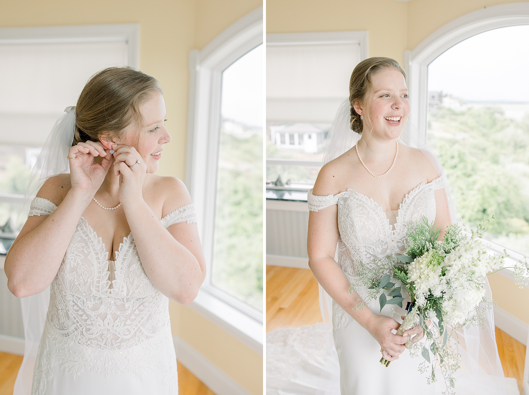 bride in dress holding classic white and green bouquet
