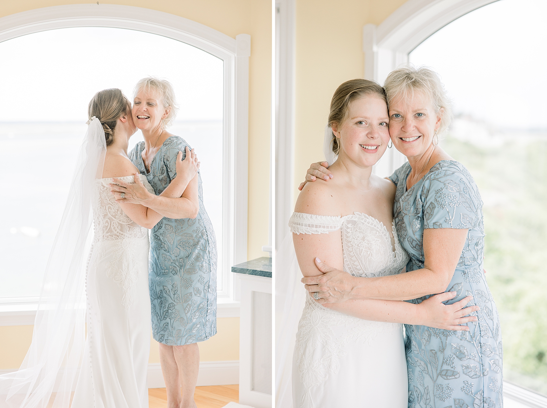 bride hugs her mom while getting ready