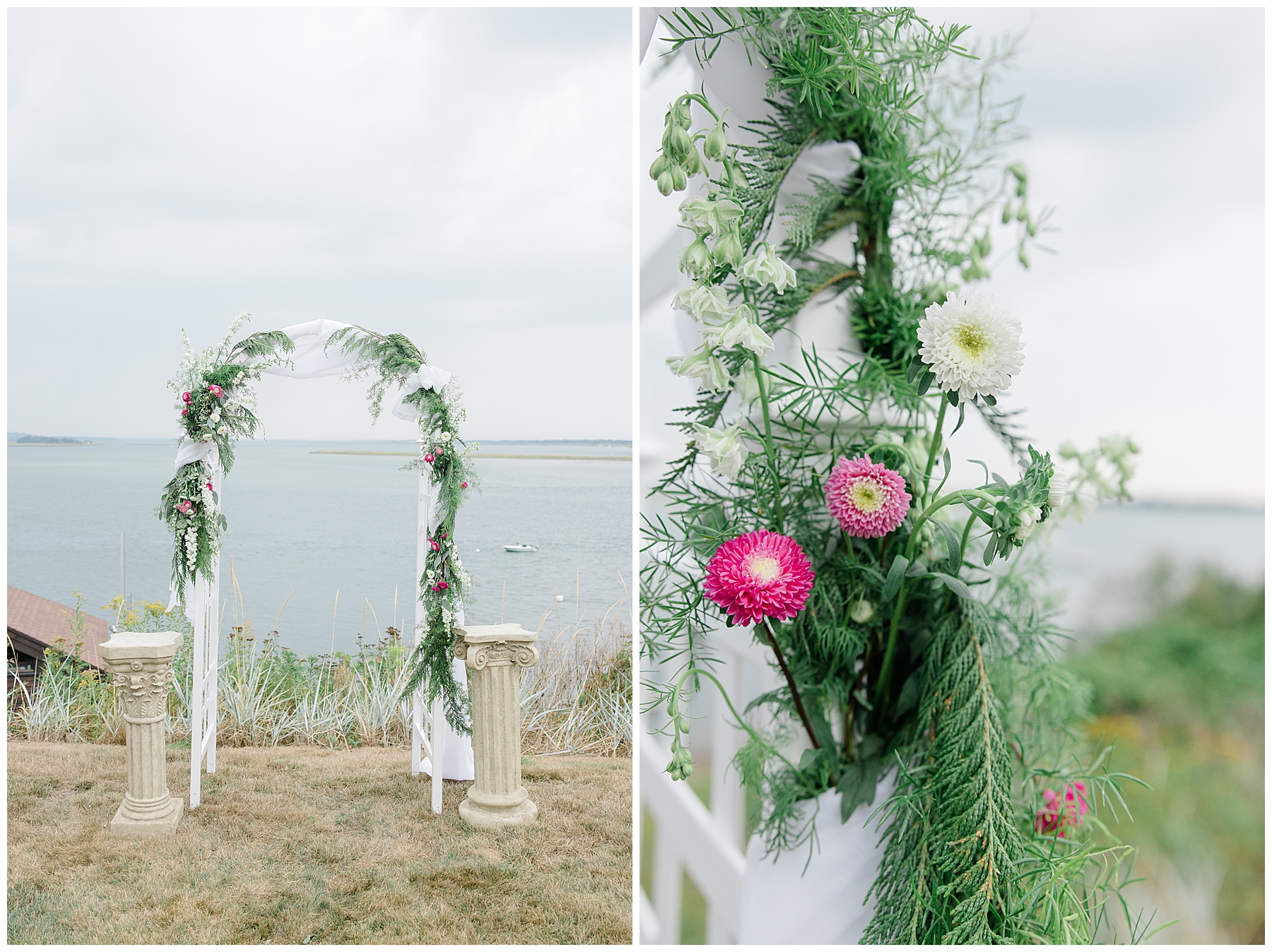 wedding arch decorated in flowers, greenery, and pine