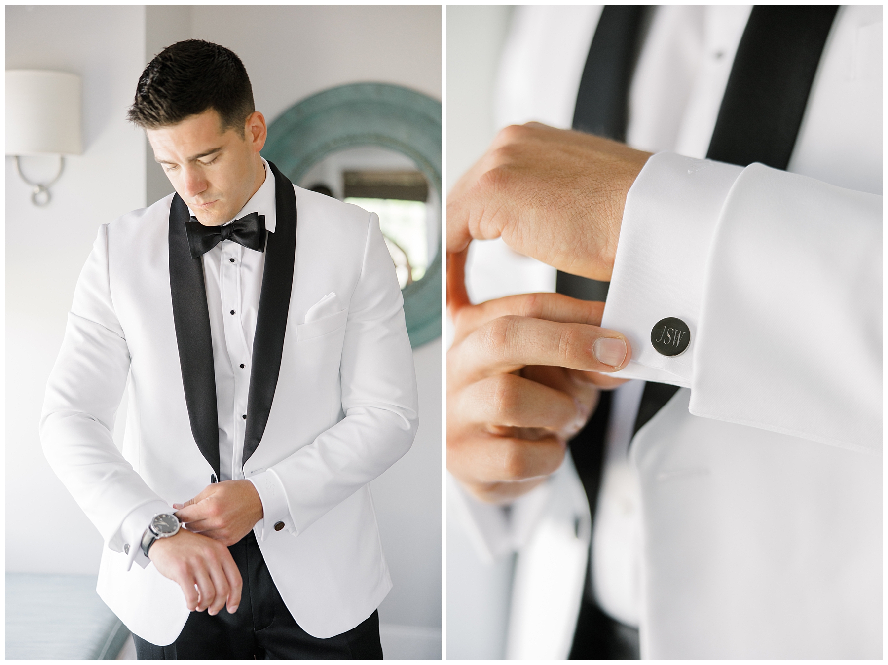 groom puts on cufflinks